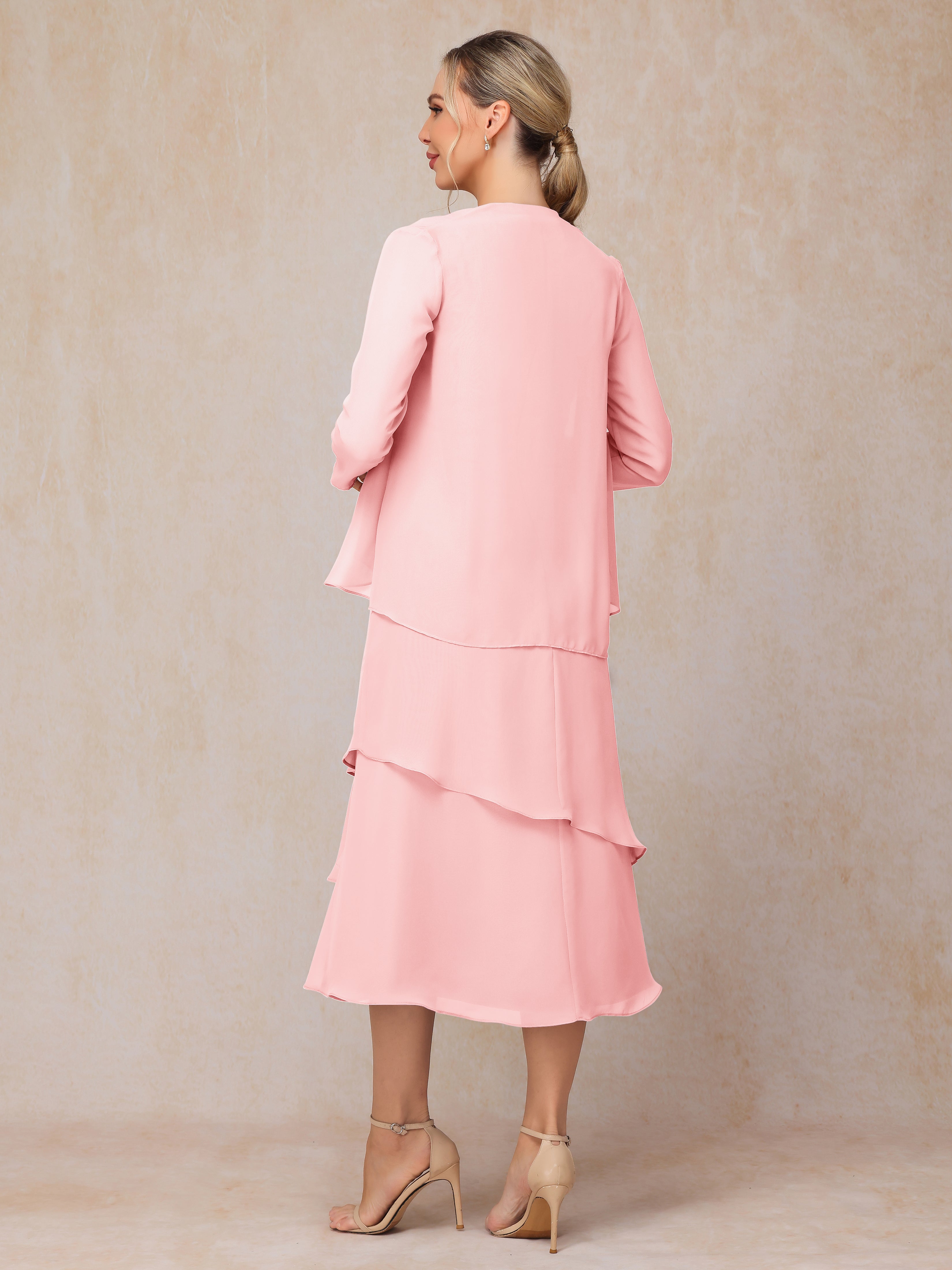 2 Pieces Tea Length Long Sleeves Chiffon Mother Of The Groom Dress