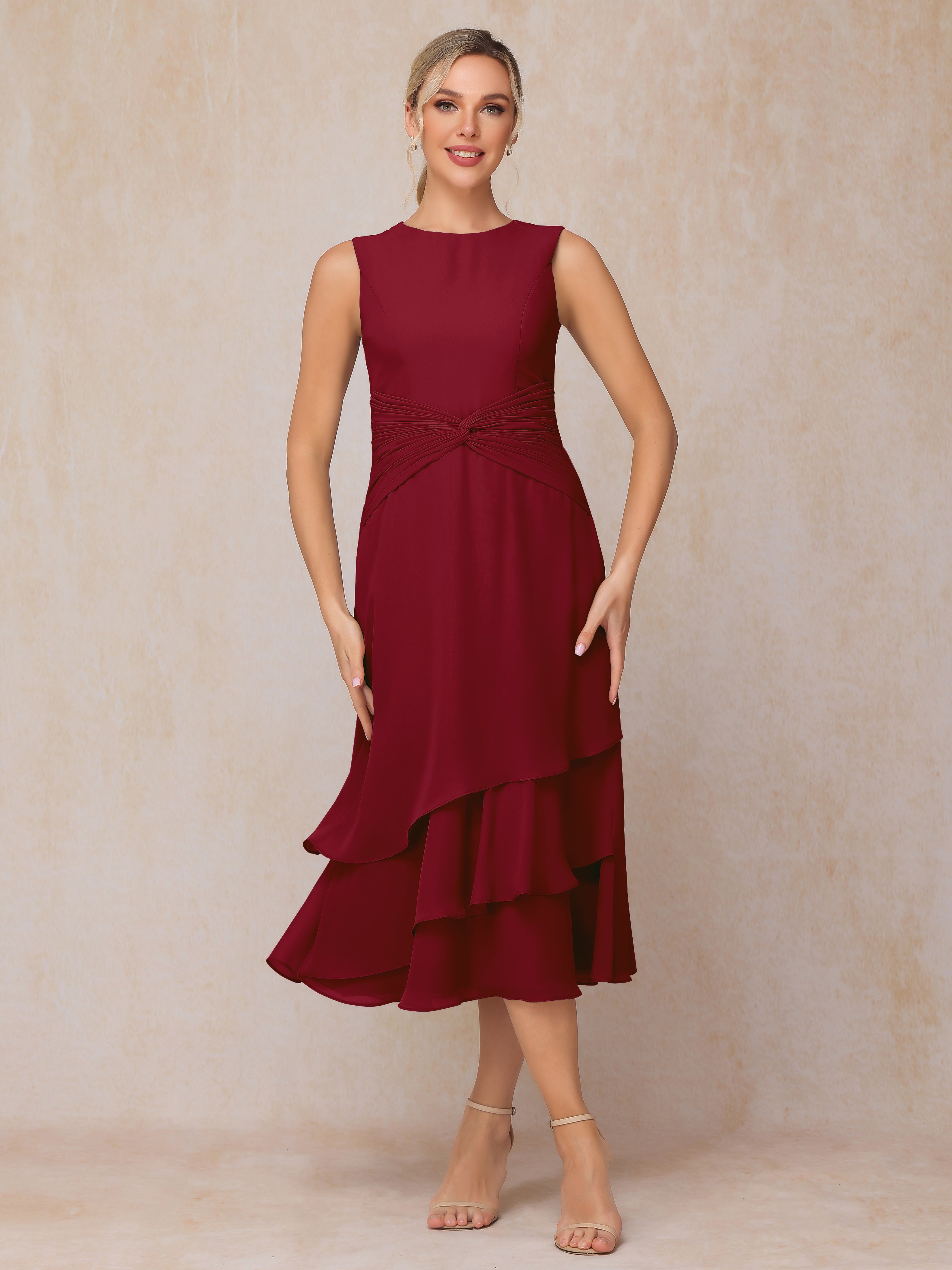 2 Pieces Tea Length Long Sleeves Chiffon Mother Of The Bride Dress