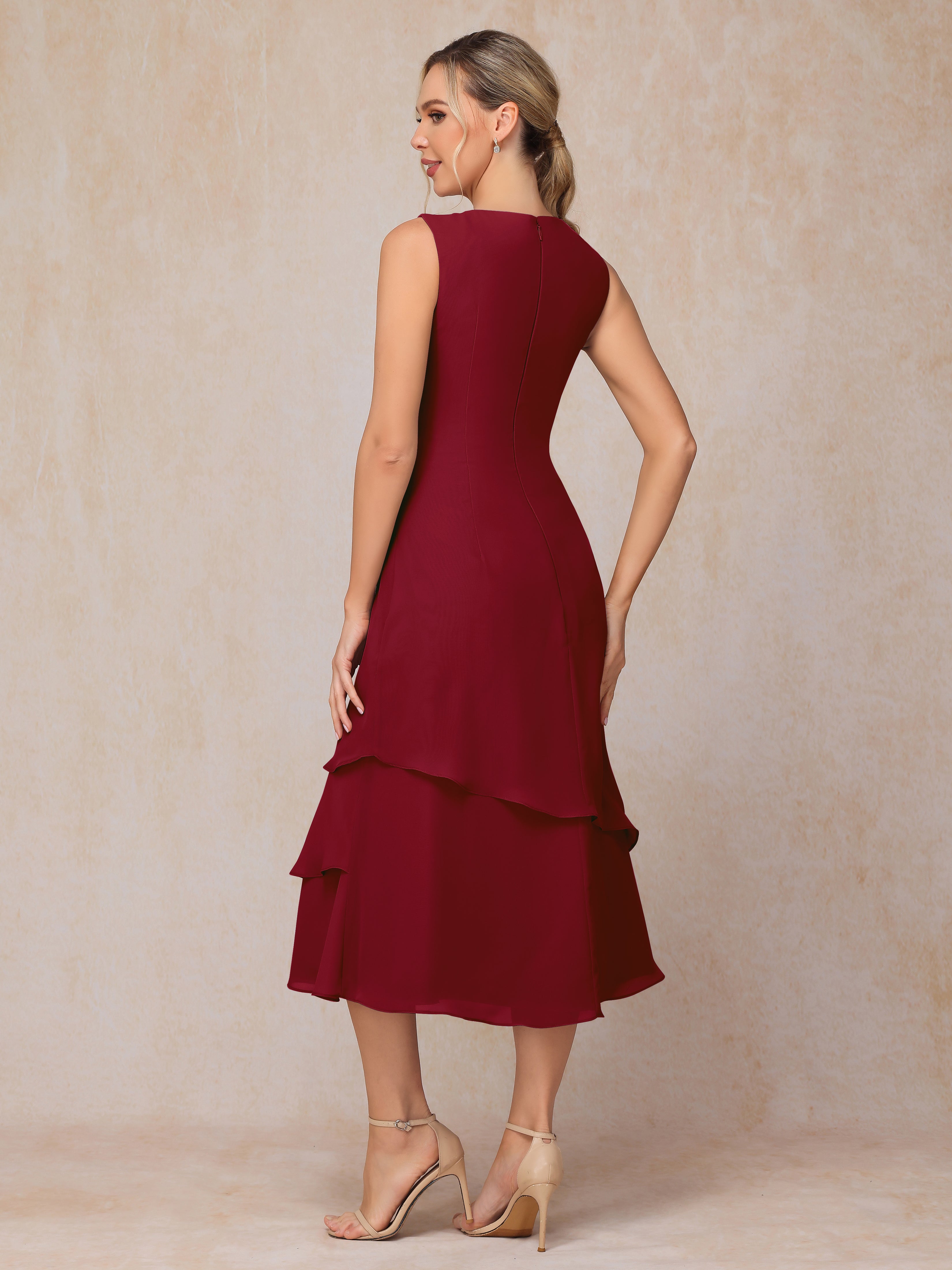 2 Pieces Tea Length Long Sleeves Chiffon Mother Of The Groom Dress