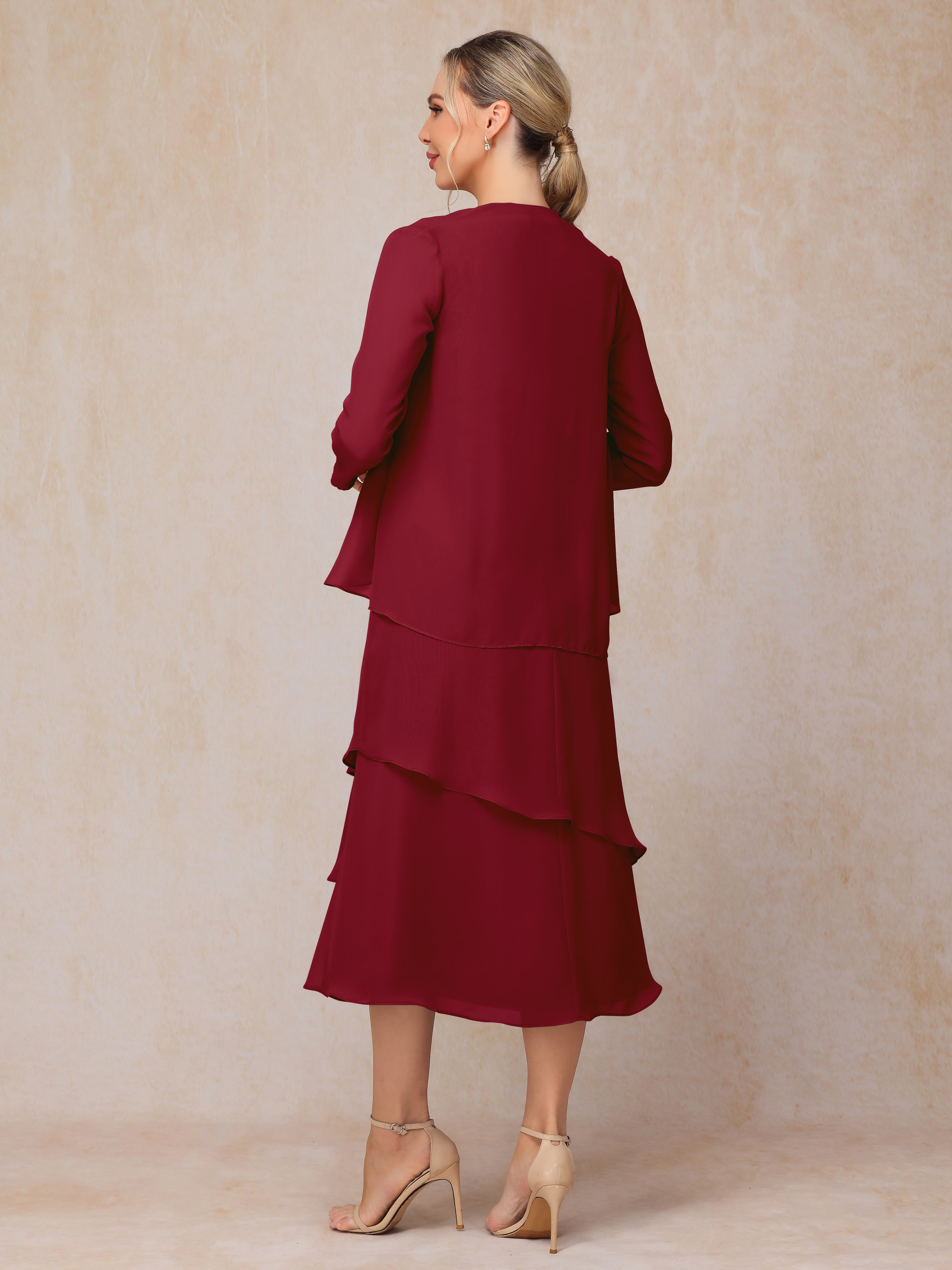 2 Pieces Tea Length Long Sleeves Chiffon Mother Of The Bride Dress