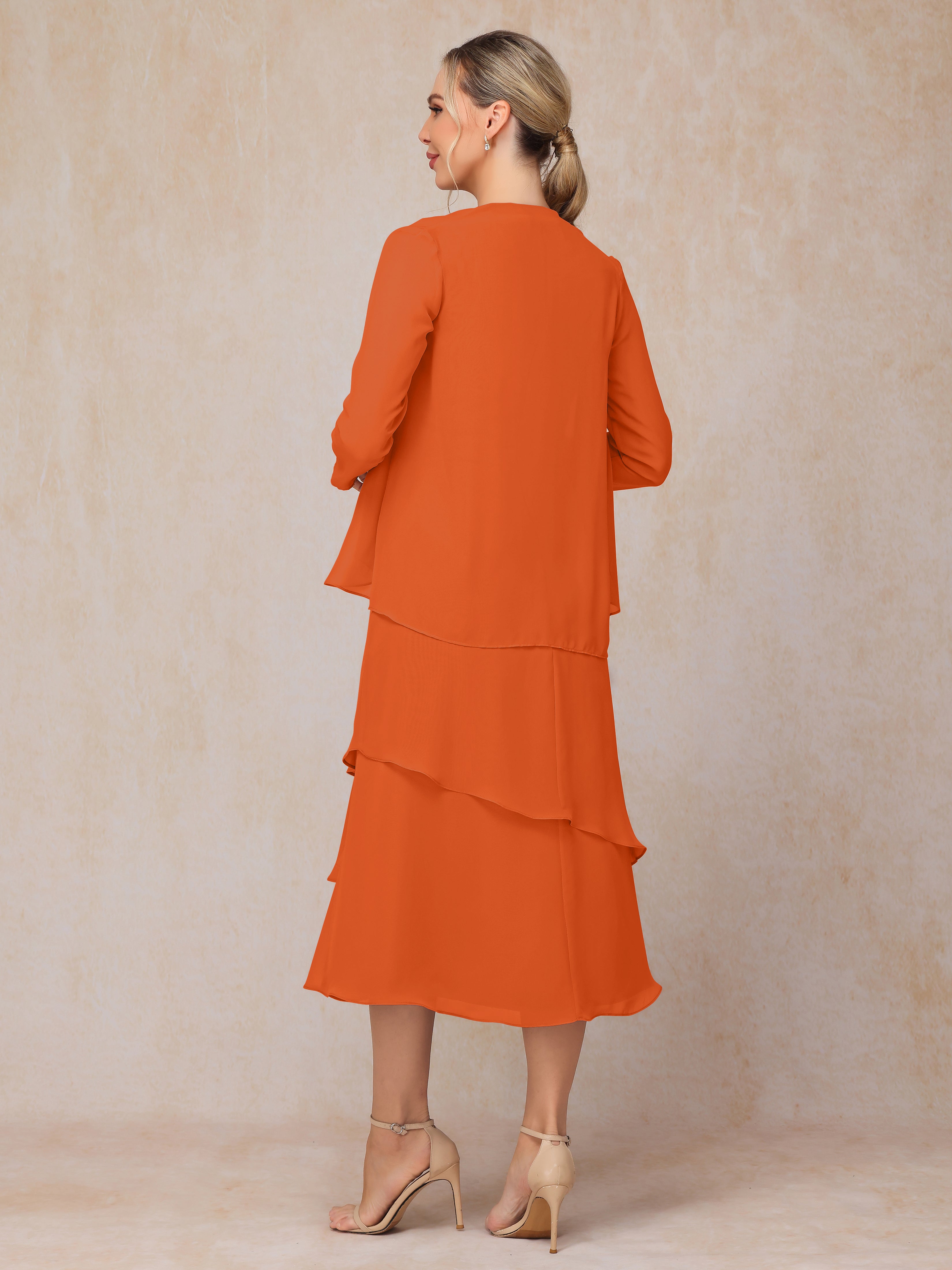 2 Pieces Tea Length Long Sleeves Chiffon Mother Of The Groom Dress