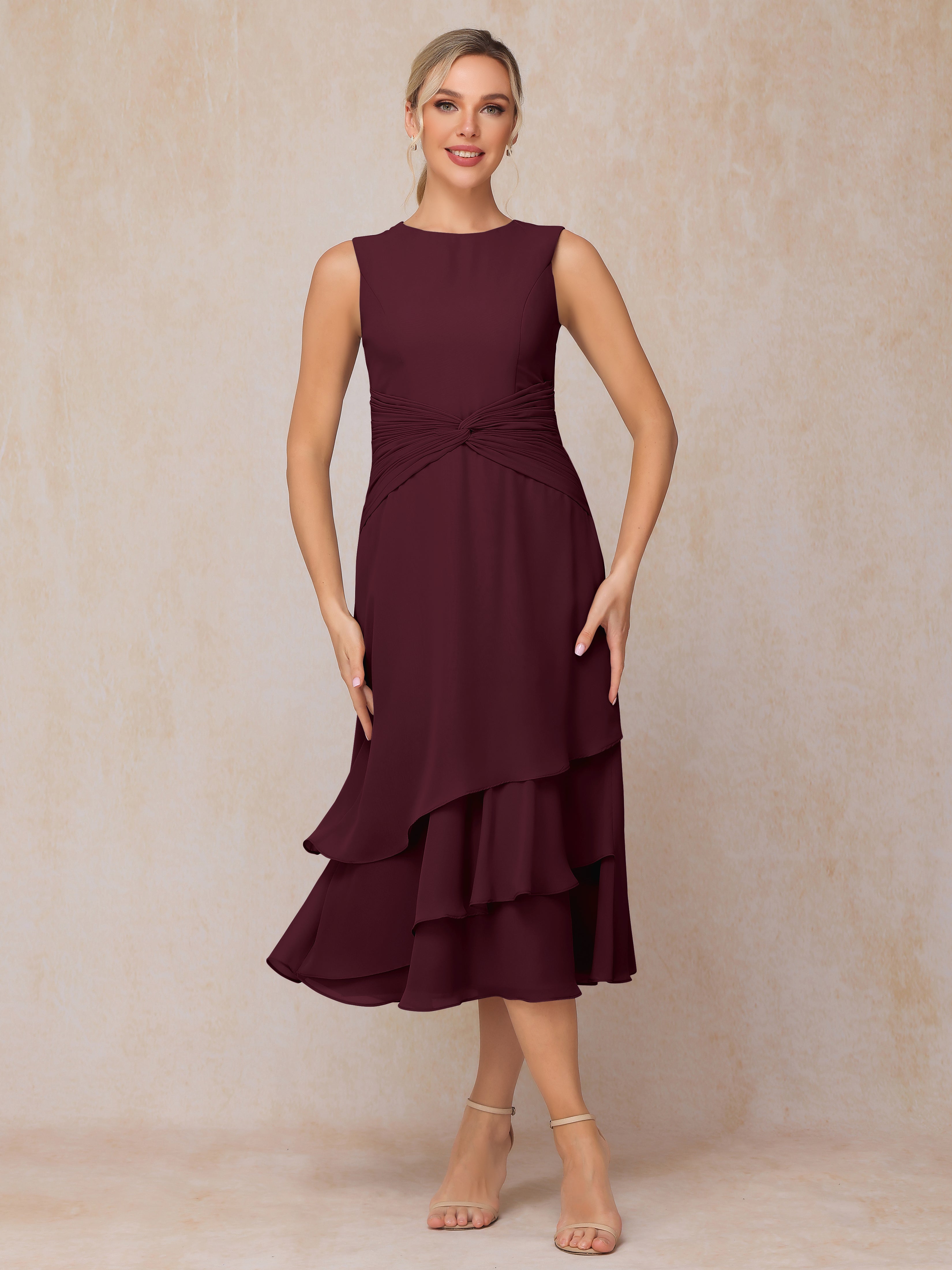 2 Pieces Tea Length Long Sleeves Chiffon Mother Of The Bride Dress