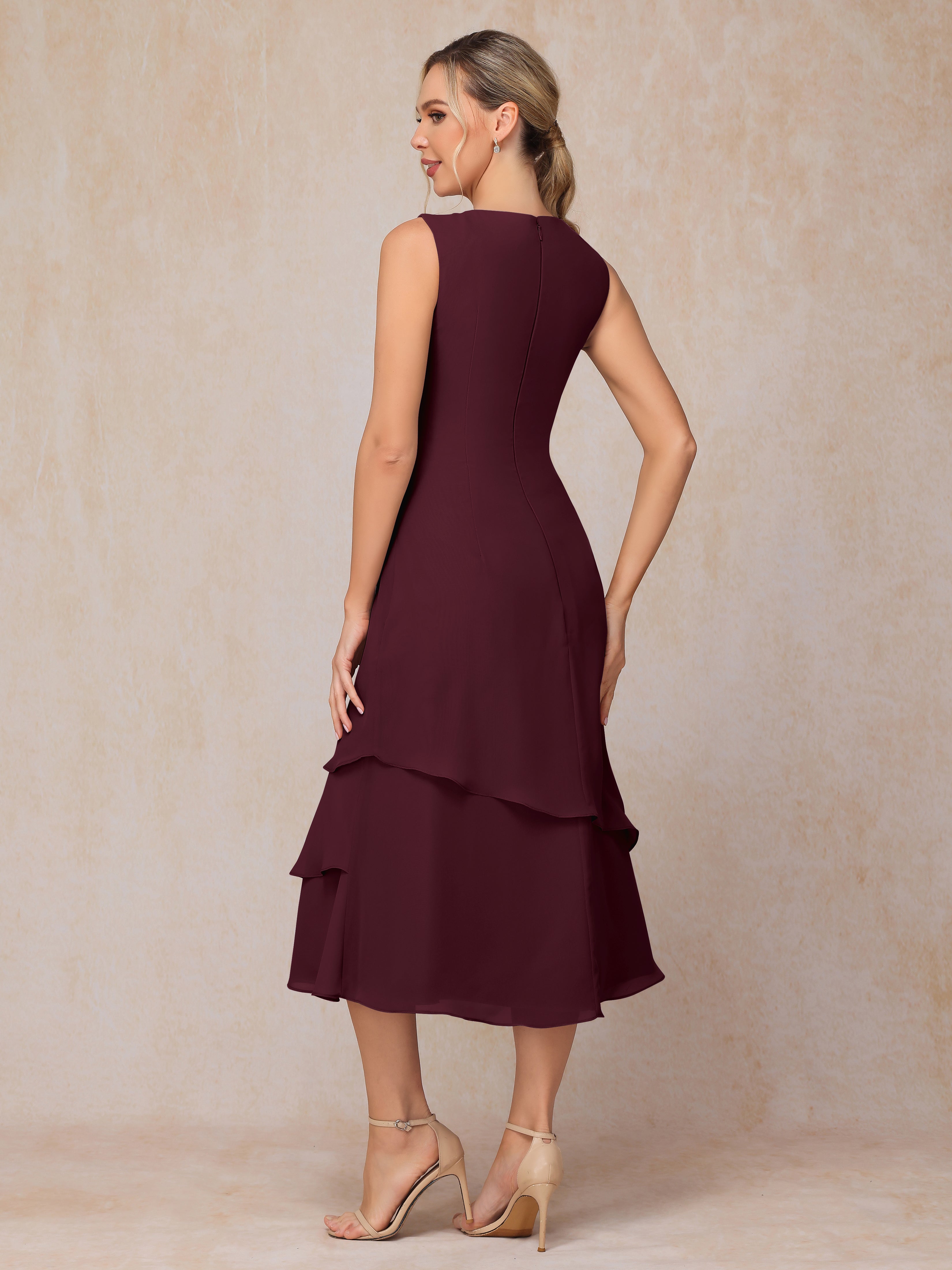 2 Pieces Tea Length Long Sleeves Chiffon Mother Of The Bride Dress