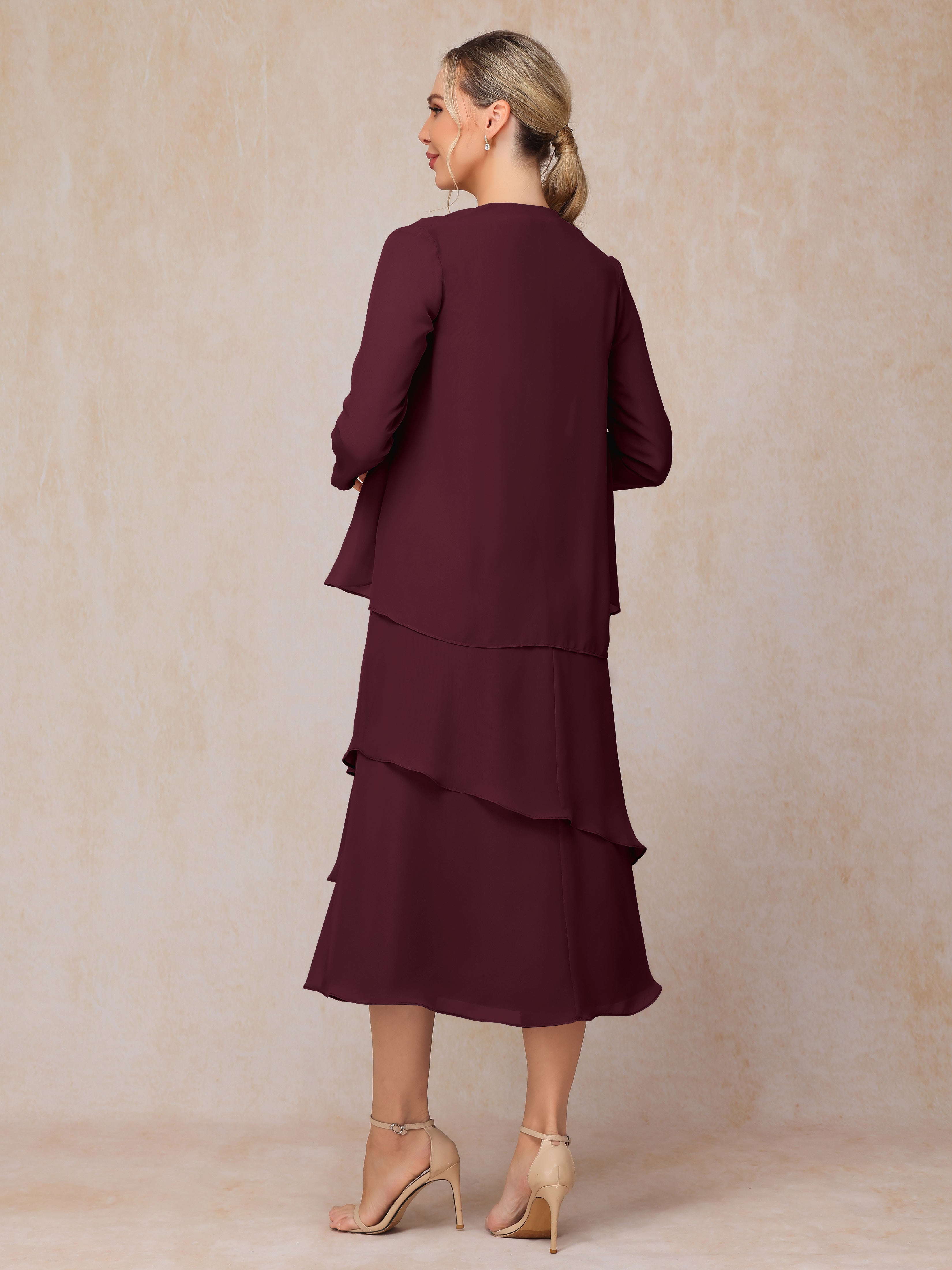 2 Pieces Tea Length Long Sleeves Chiffon Mother Of The Bride Dress