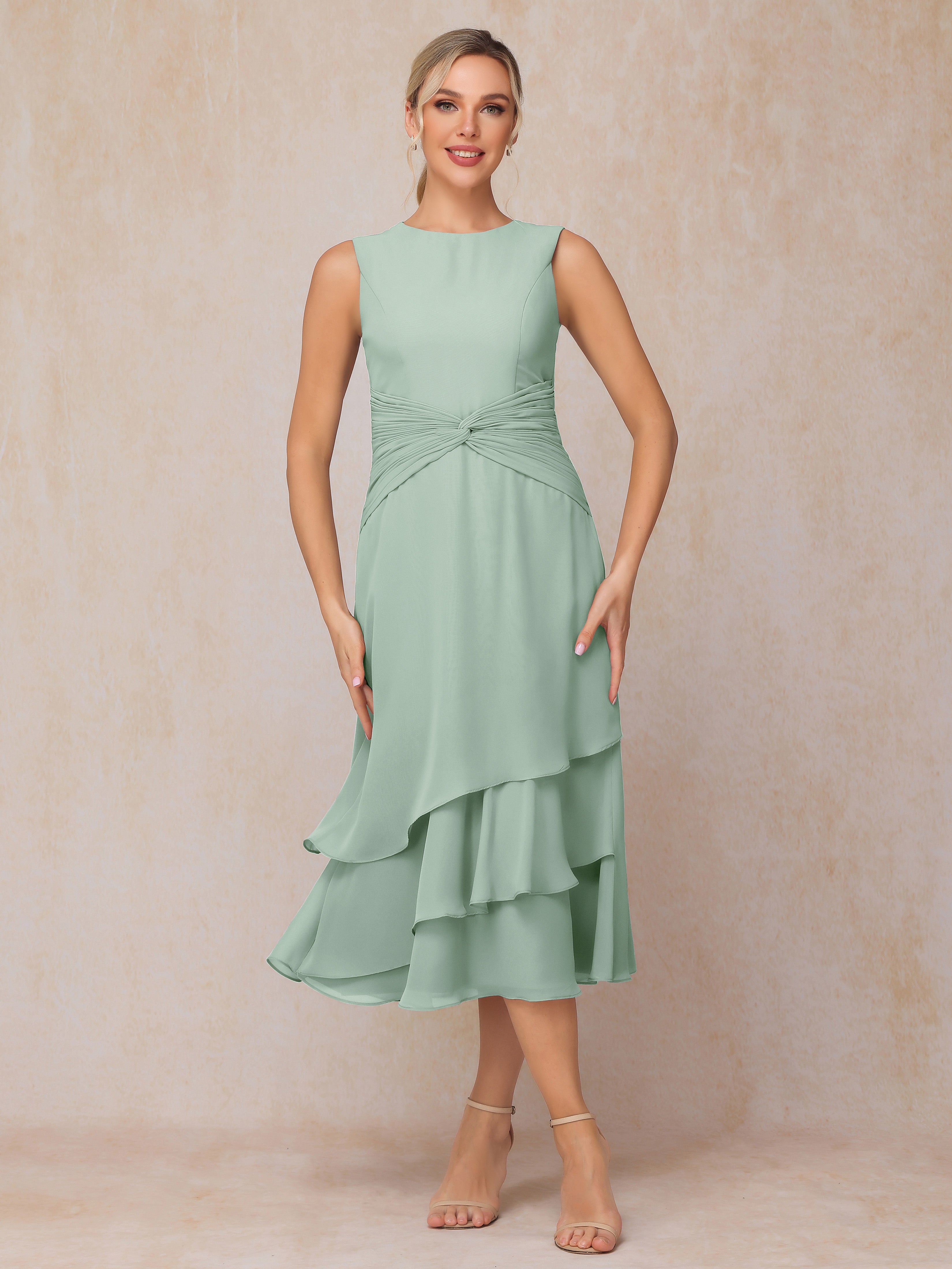 2 Pieces Tea Length Long Sleeves Chiffon Mother Of The Bride Dress
