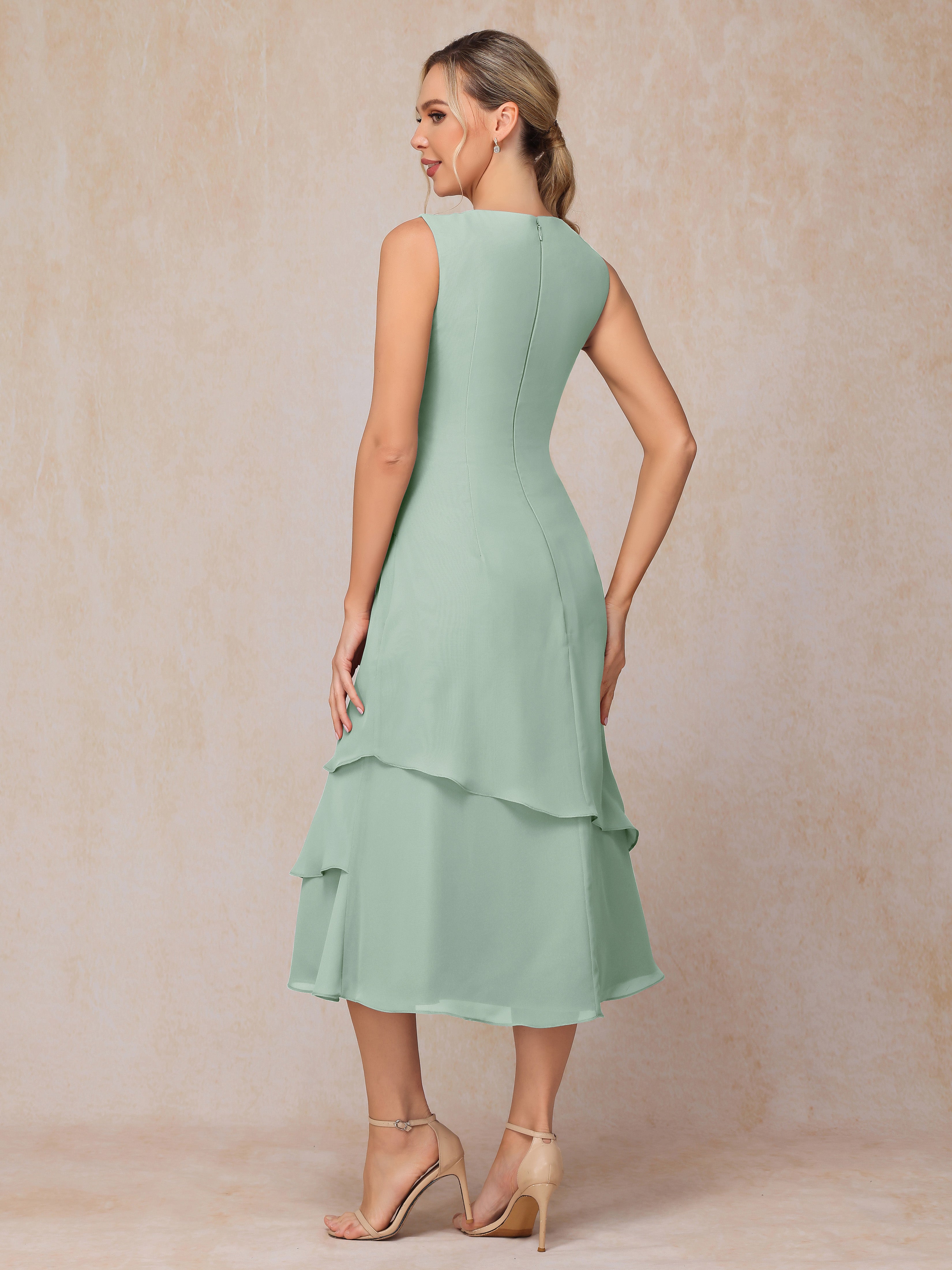 2 Pieces Tea Length Long Sleeves Chiffon Mother Of The Groom Dress