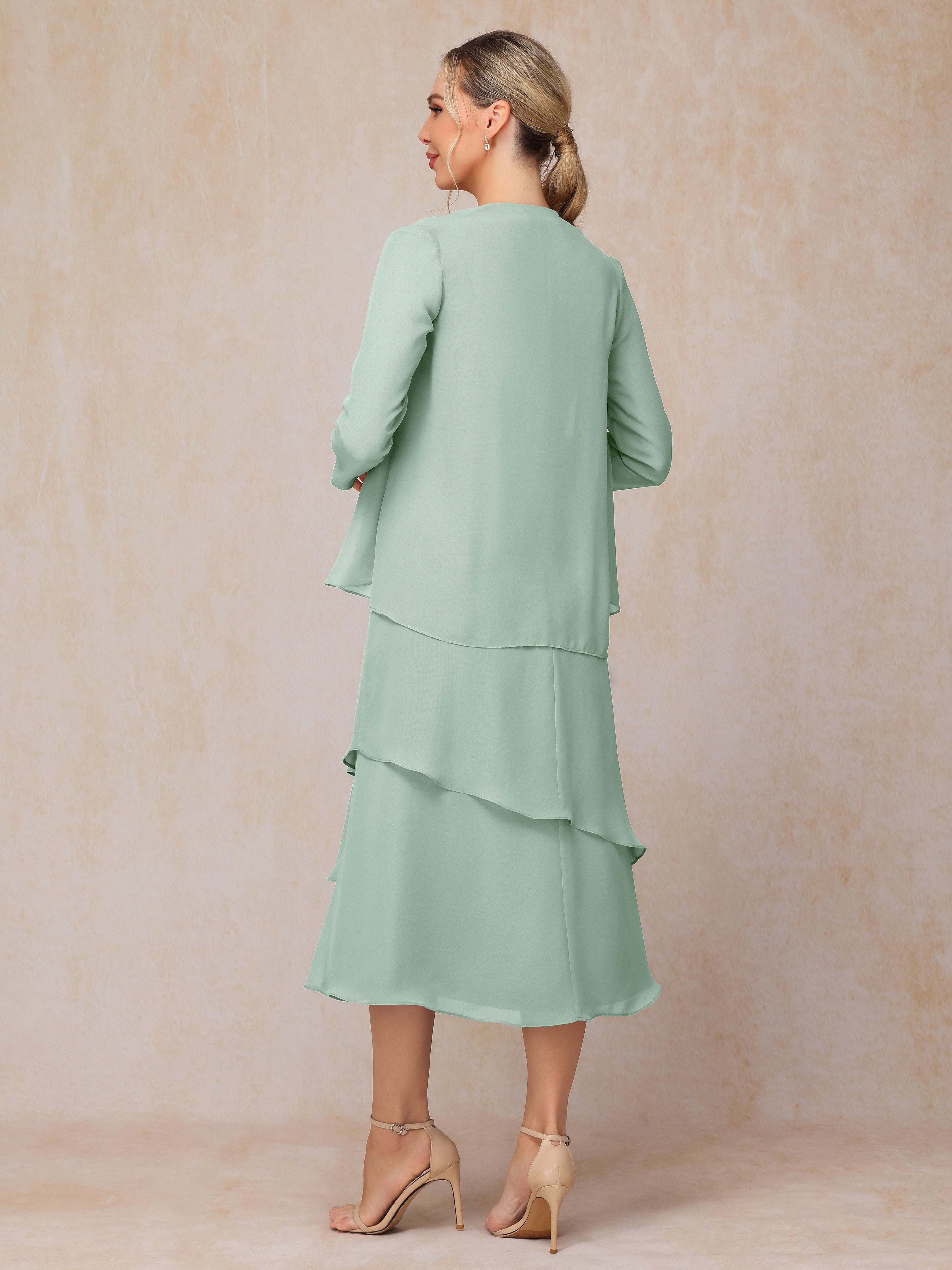 2 Pieces Tea Length Long Sleeves Chiffon Mother Of The Bride Dress