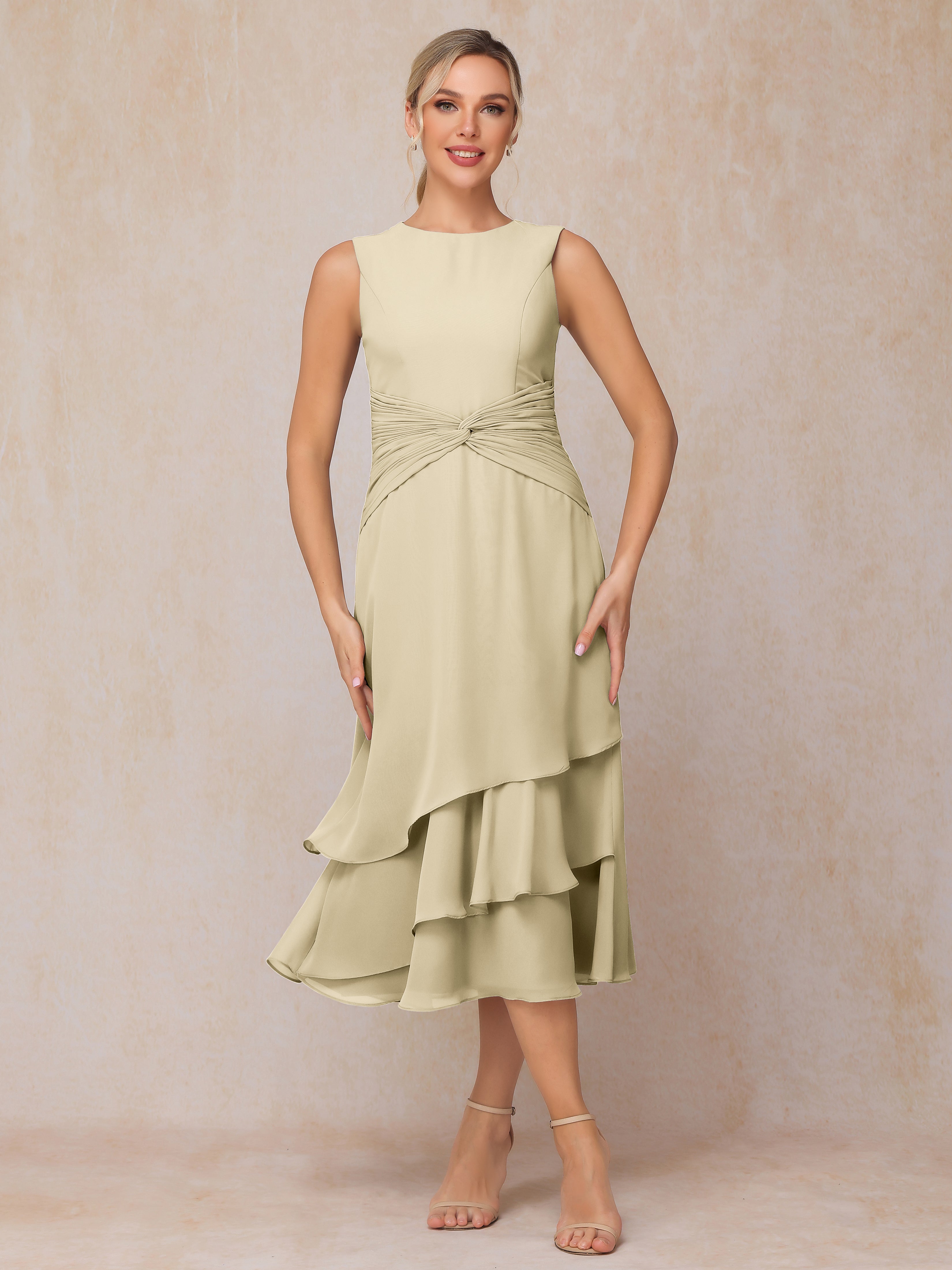 2 Pieces Tea Length Long Sleeves Chiffon Mother Of The Bride Dress