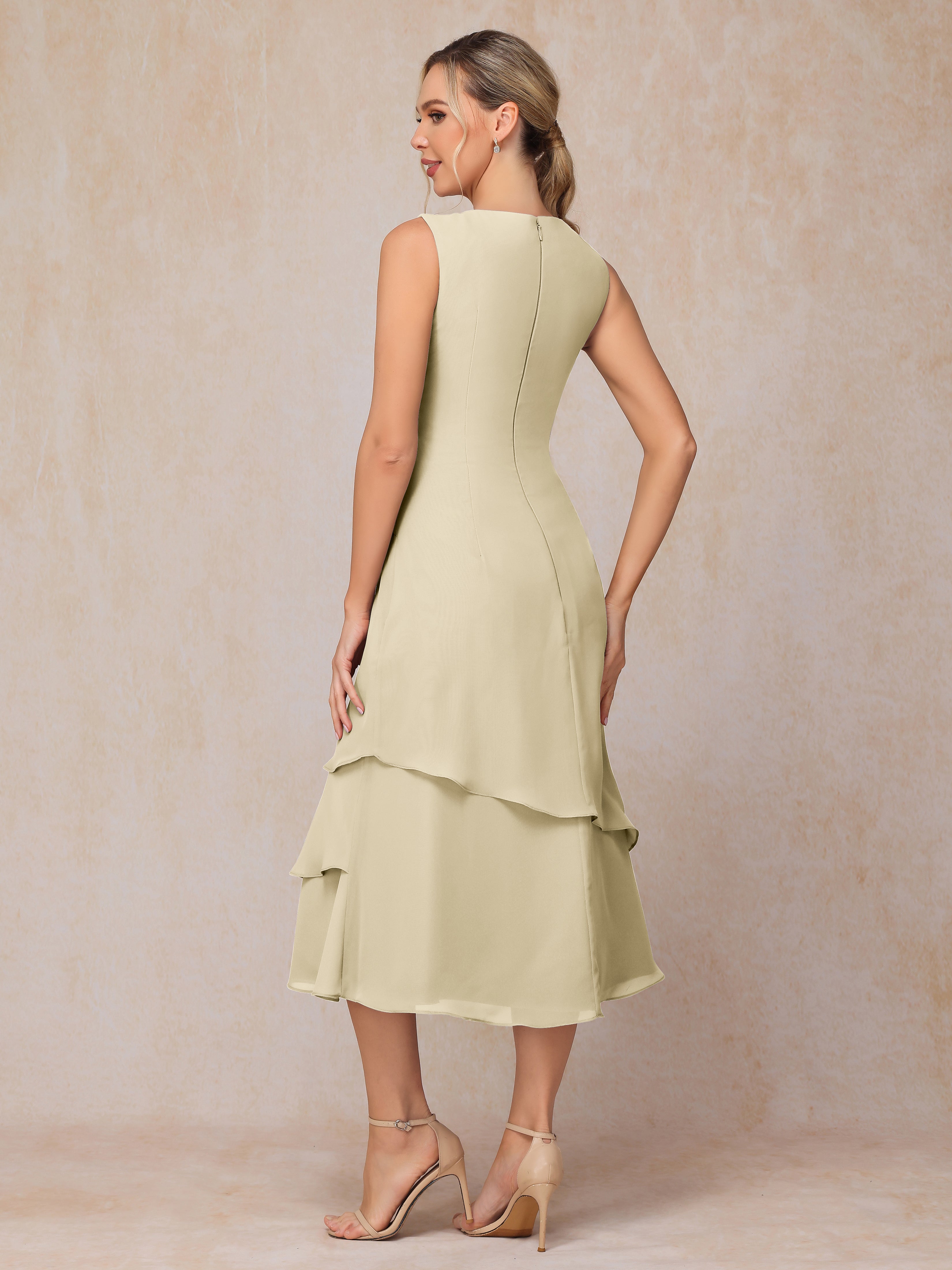2 Pieces Tea Length Long Sleeves Chiffon Mother Of The Bride Dress