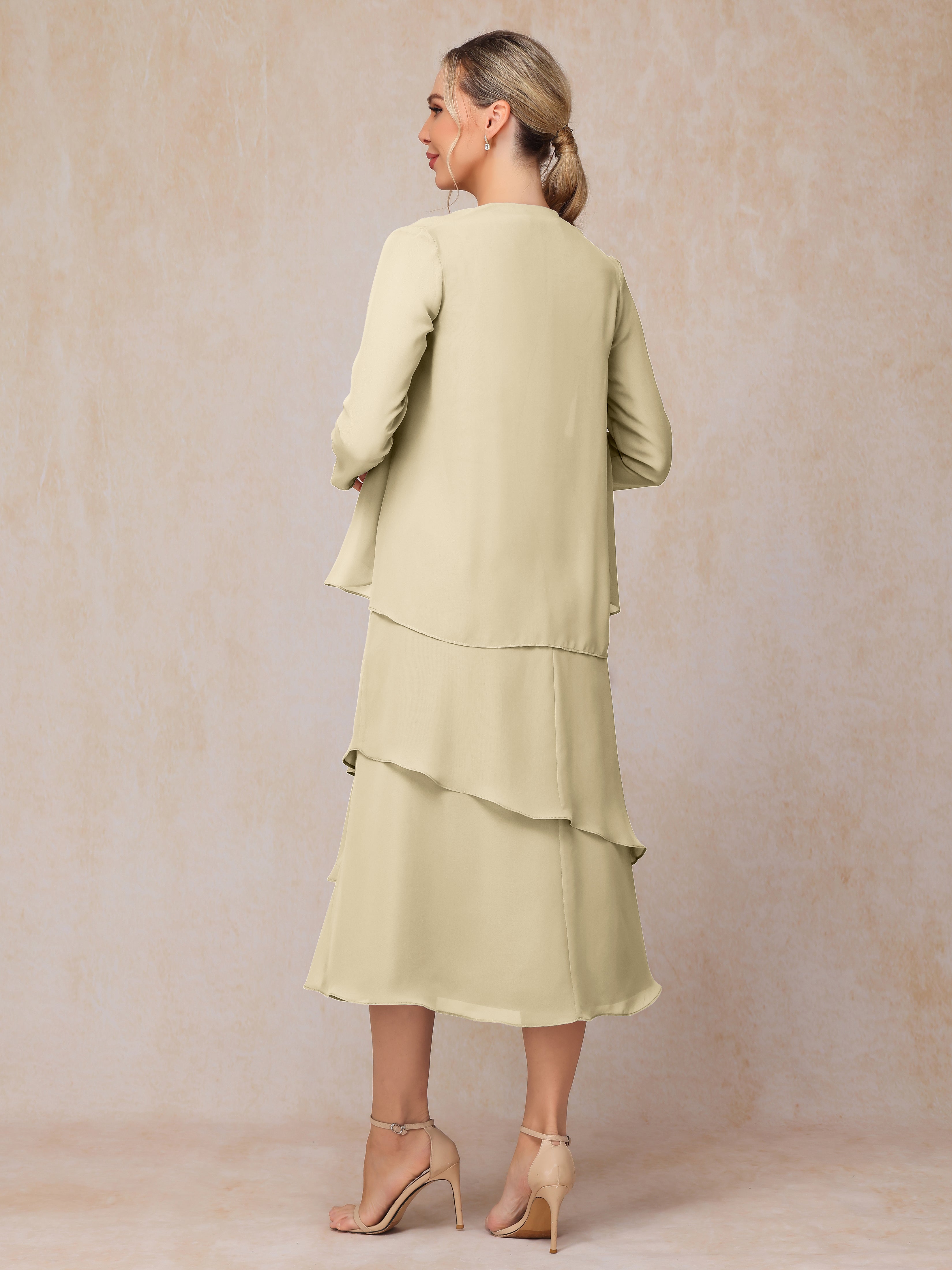 2 Pieces Tea Length Long Sleeves Chiffon Mother Of The Groom Dress