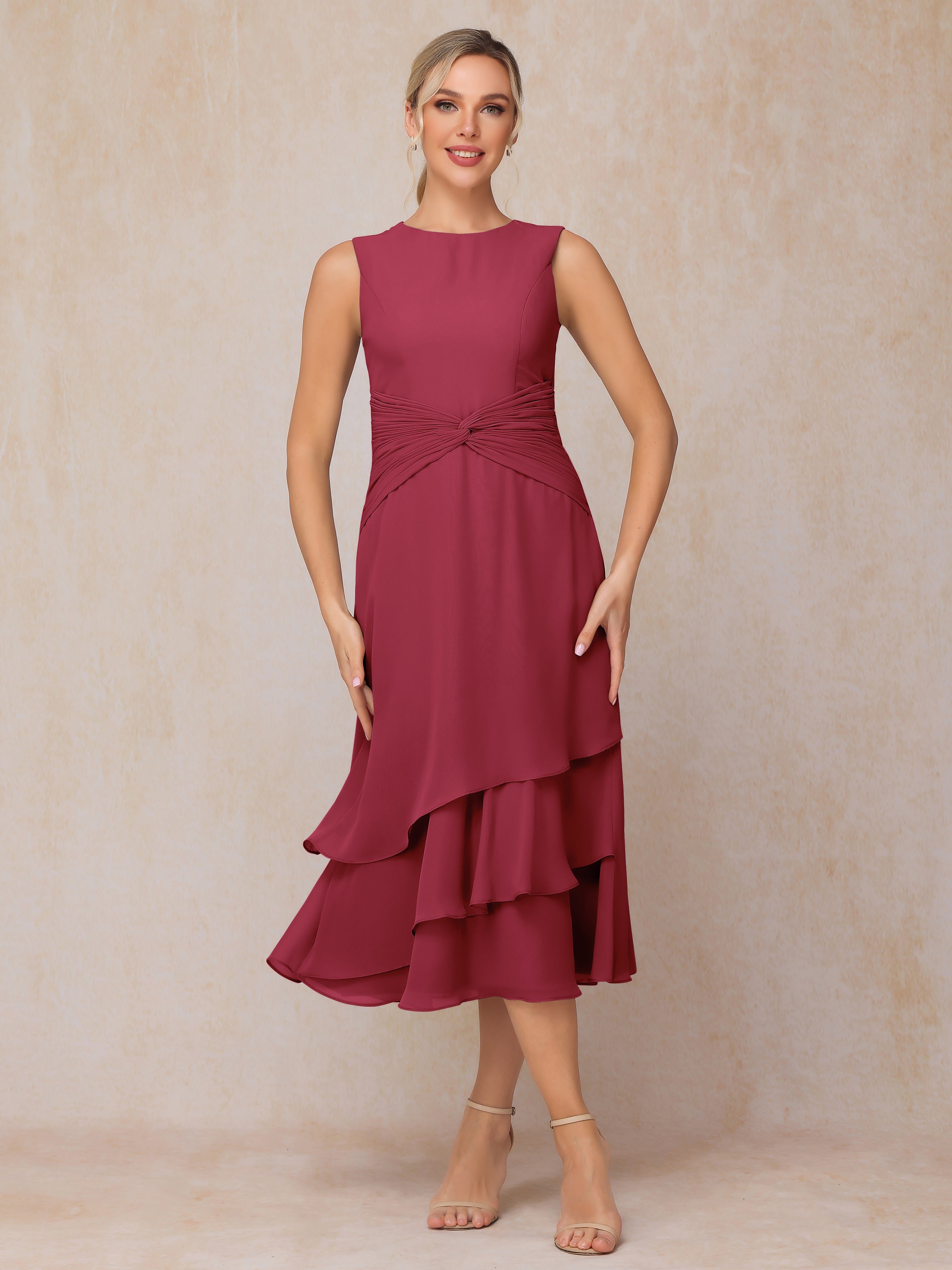 2 Pieces Tea Length Long Sleeves Chiffon Mother Of The Groom Dress