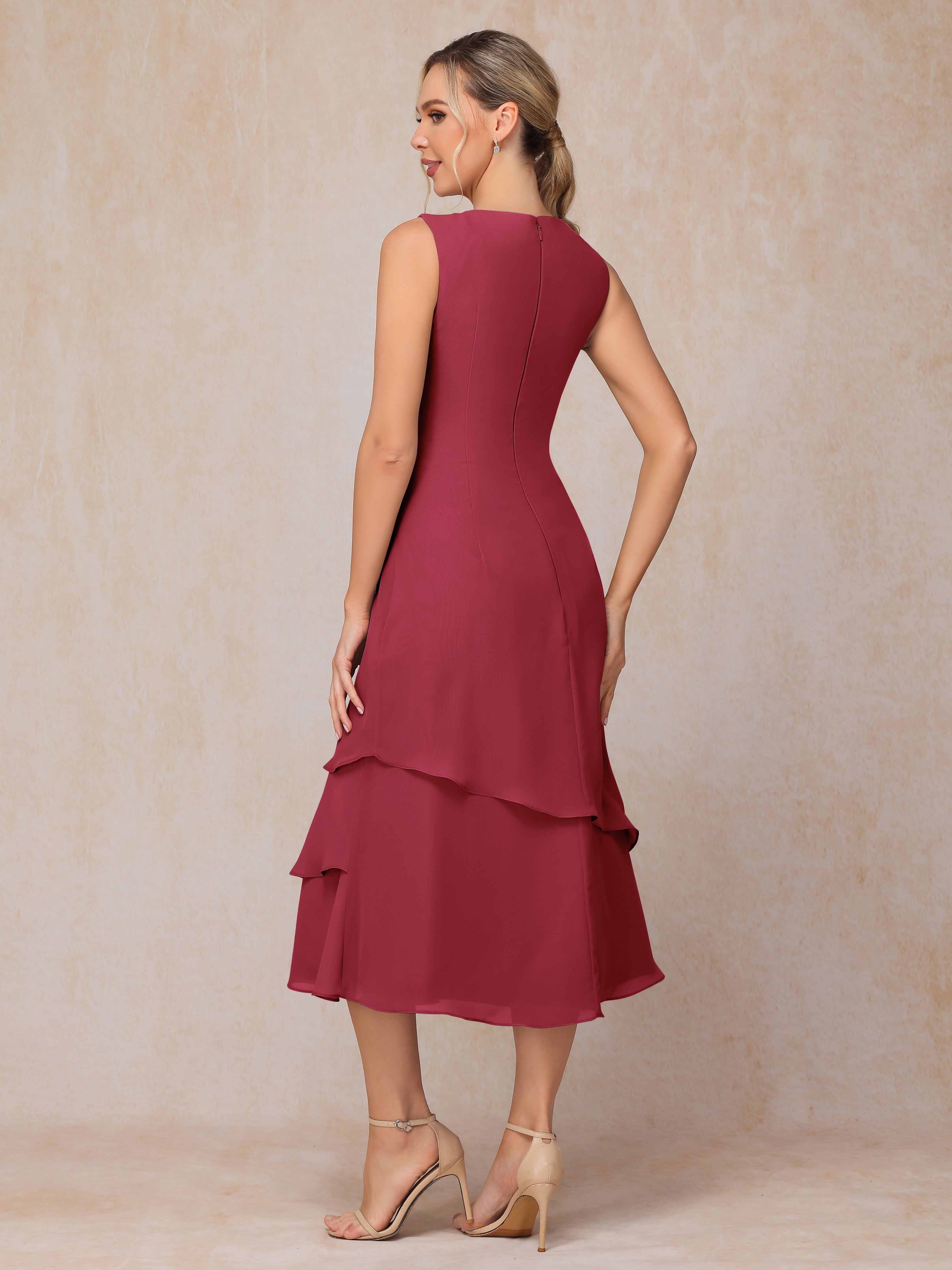 2 Pieces Tea Length Long Sleeves Chiffon Mother Of The Groom Dress