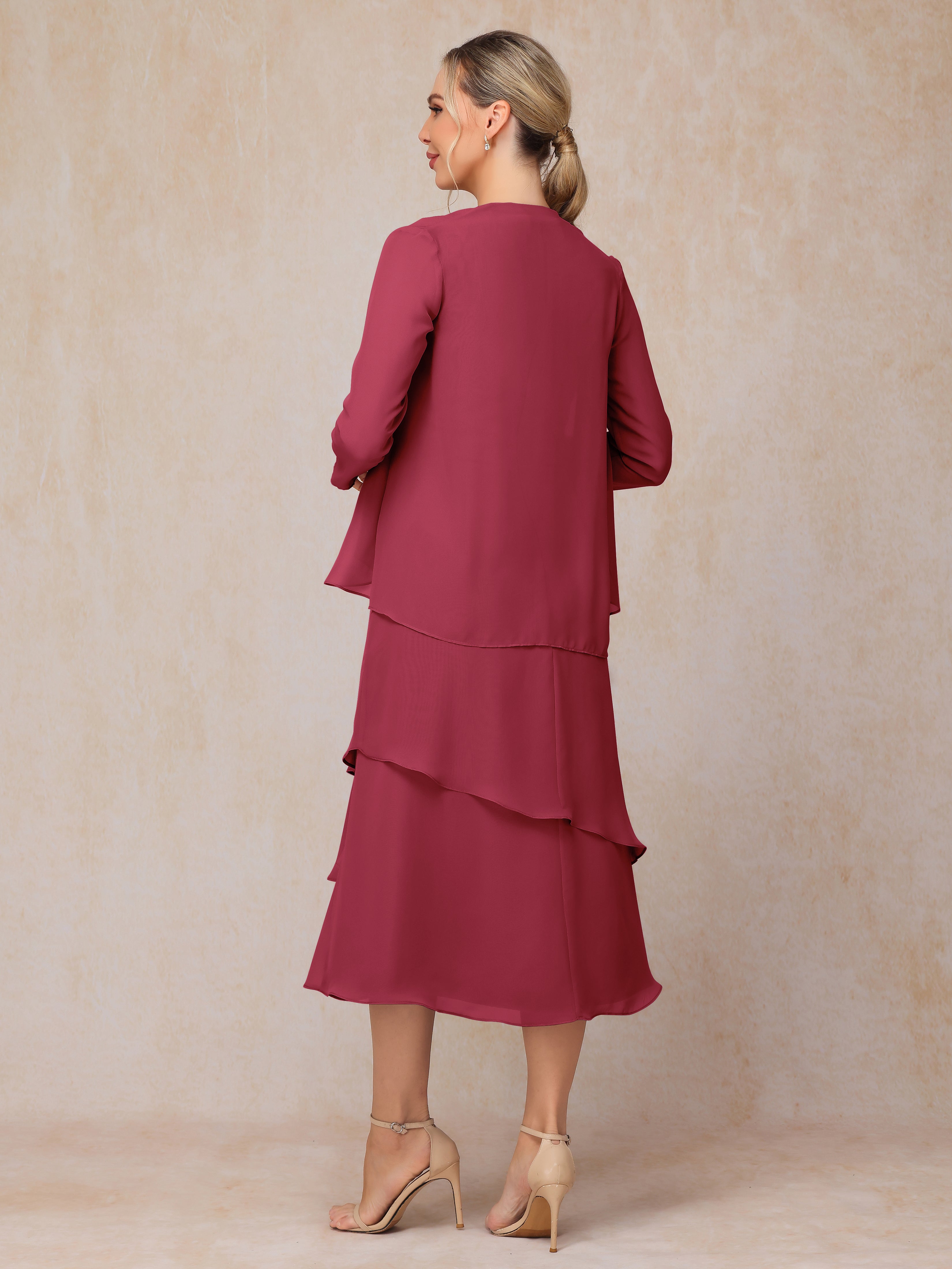 2 Pieces Tea Length Long Sleeves Chiffon Mother Of The Groom Dress