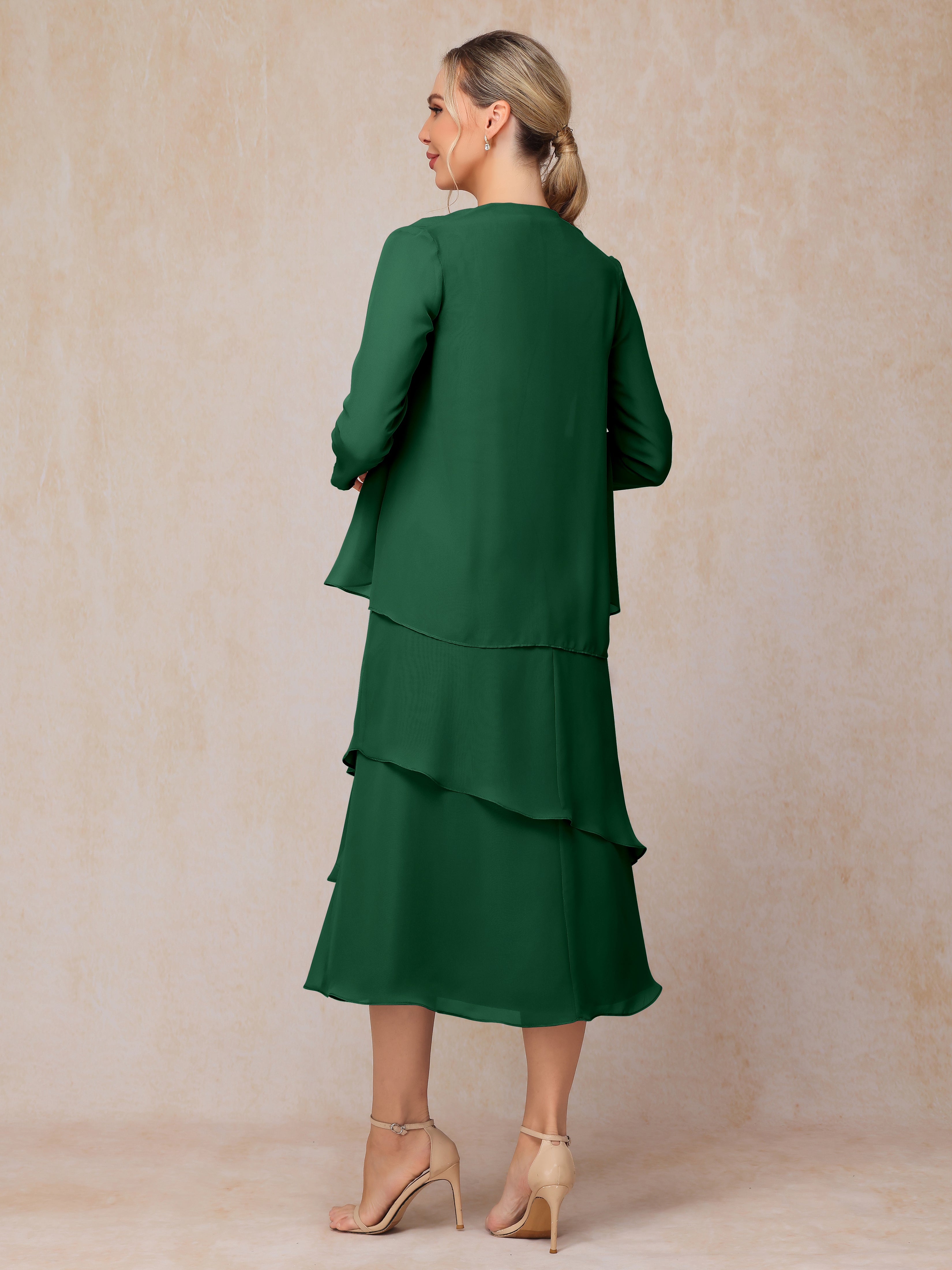 2 Pieces Tea Length Long Sleeves Chiffon Mother Of The Groom Dress