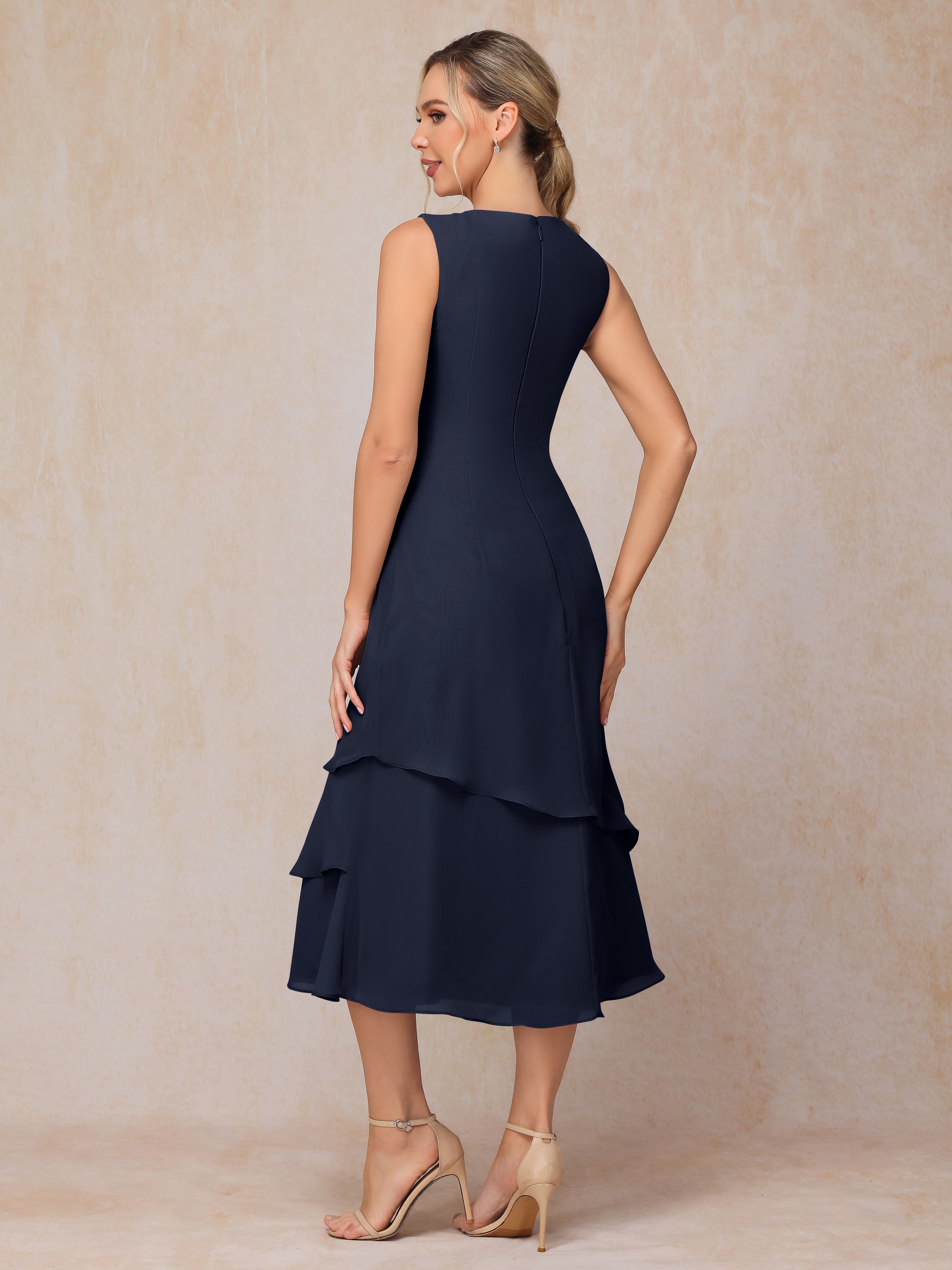 2 Pieces Tea Length Long Sleeves Chiffon Mother Of The Groom Dress