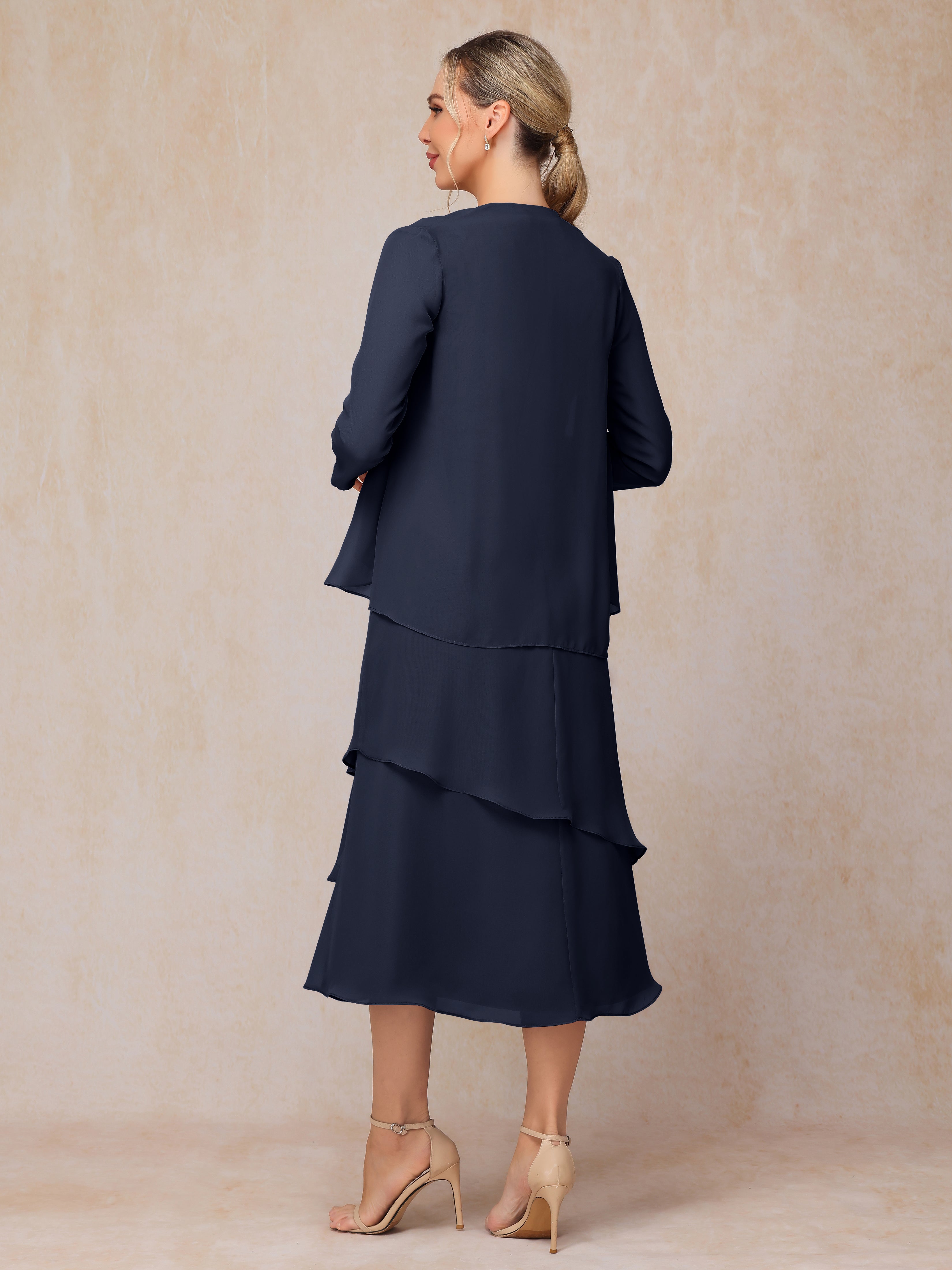 2 Pieces Tea Length Long Sleeves Chiffon Mother Of The Groom Dress