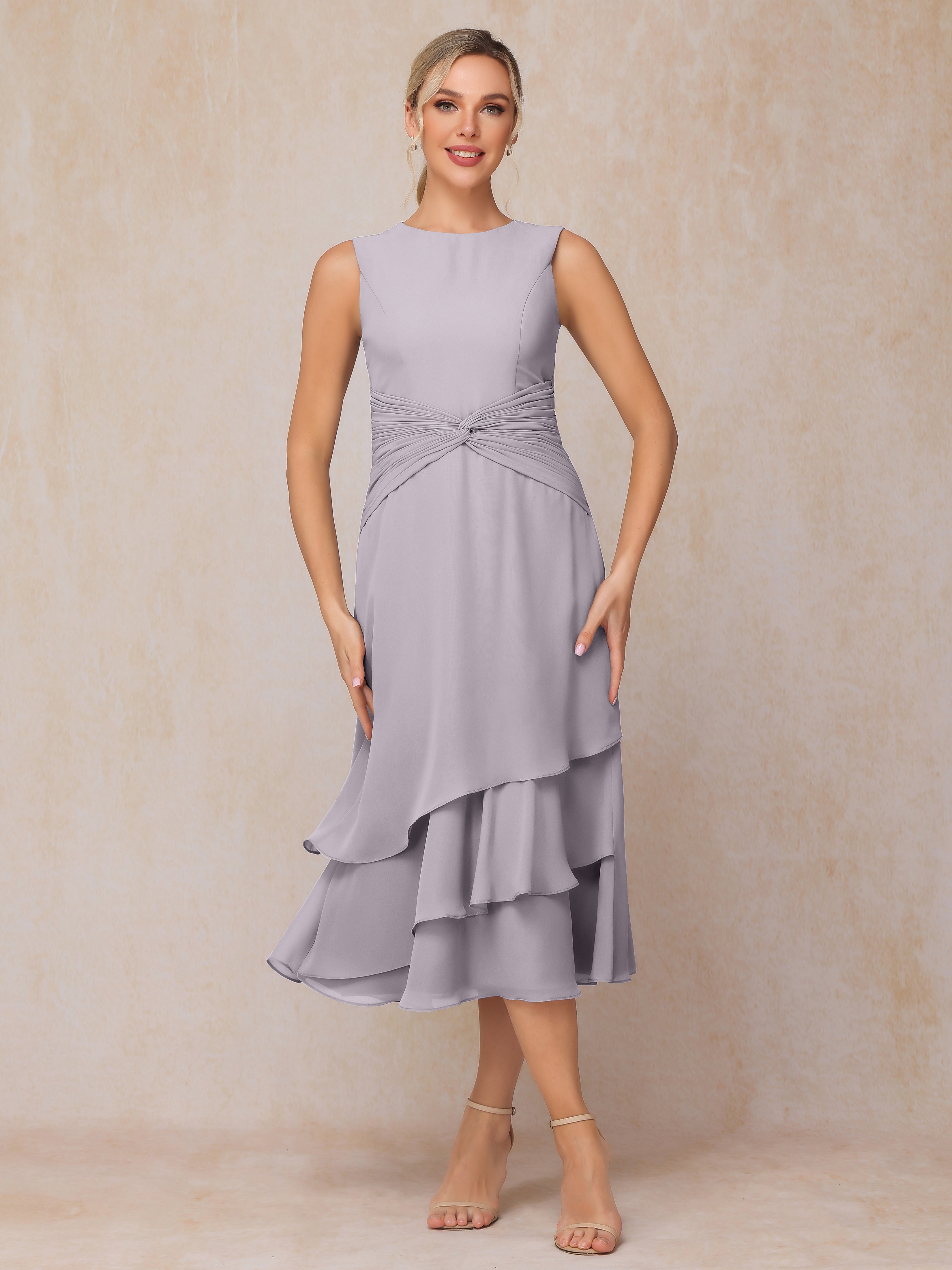 2 Pieces Tea Length Long Sleeves Chiffon Mother Of The Bride Dress