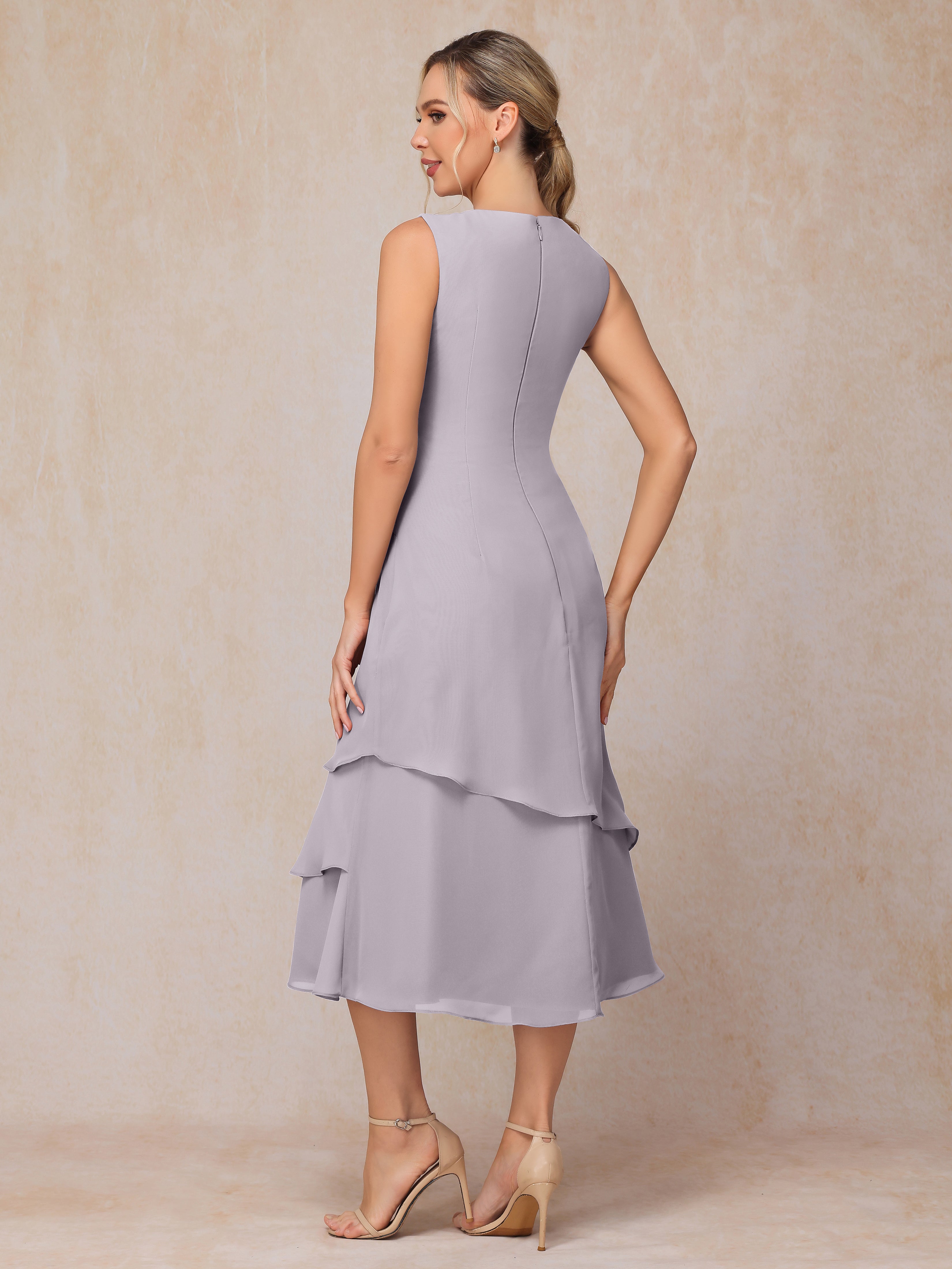 2 Pieces Tea Length Long Sleeves Chiffon Mother Of The Groom Dress