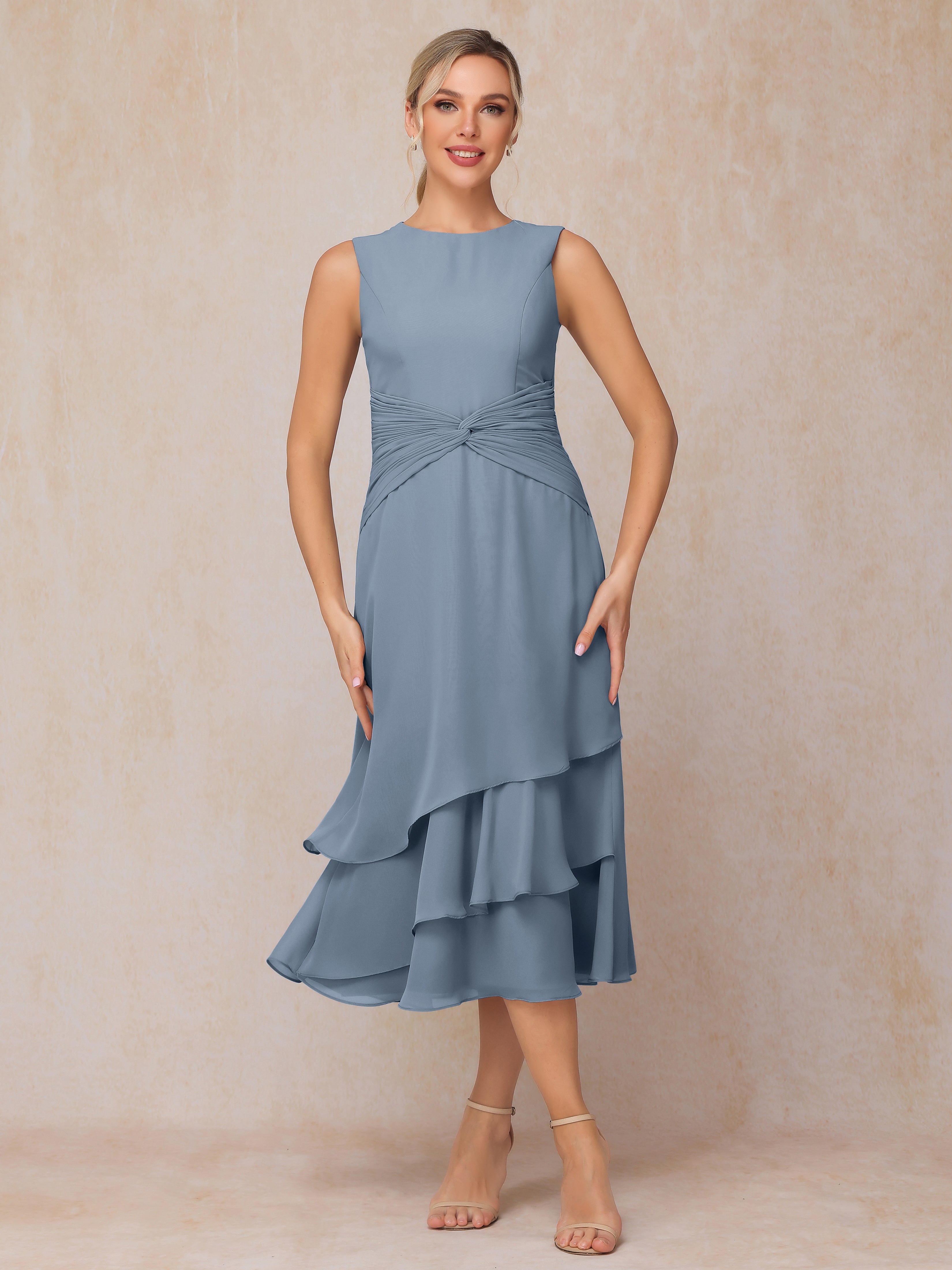 2 Pieces Tea Length Long Sleeves Chiffon Mother Of The Groom Dress