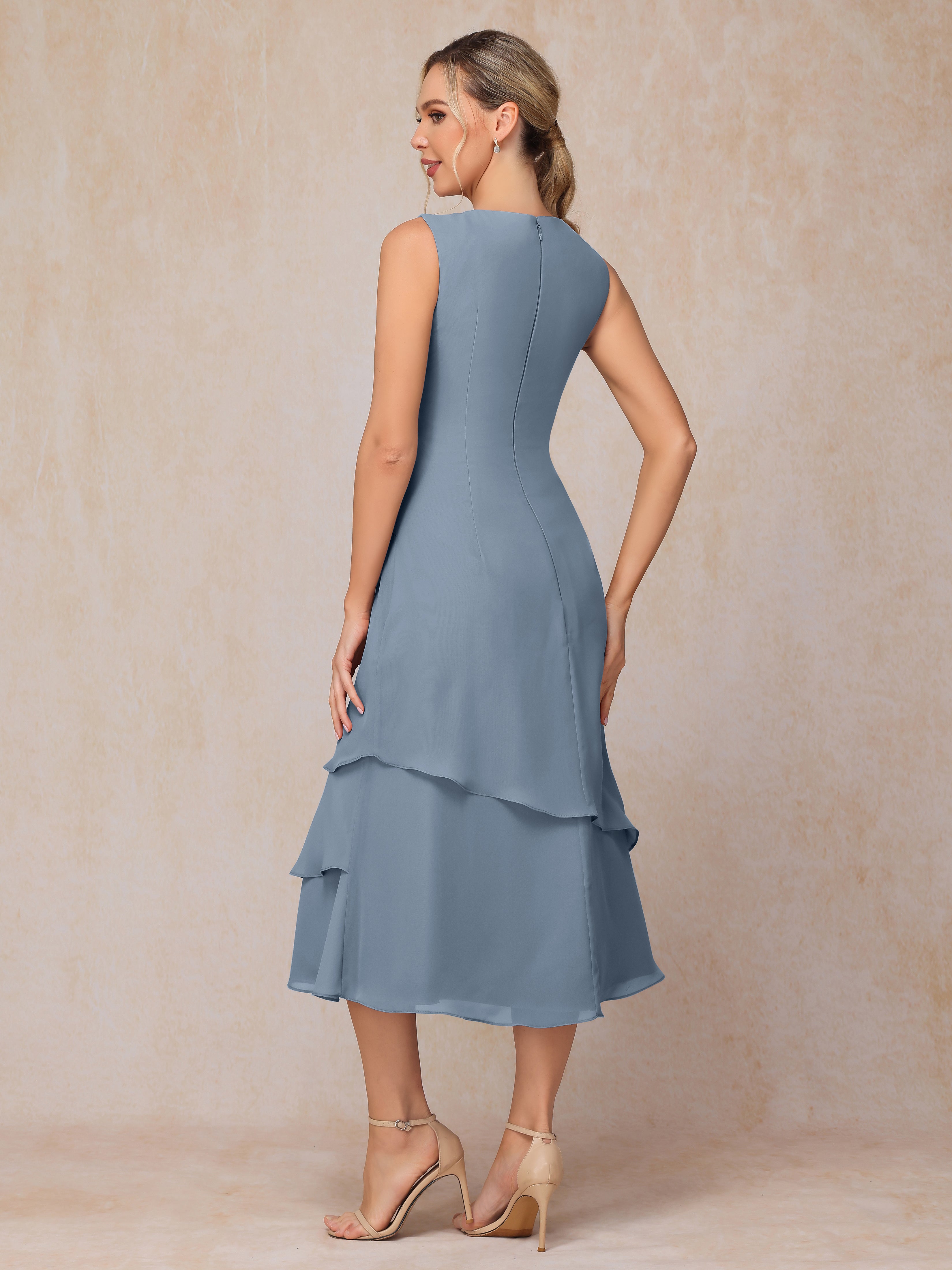 2 Pieces Tea Length Long Sleeves Chiffon Mother Of The Groom Dress