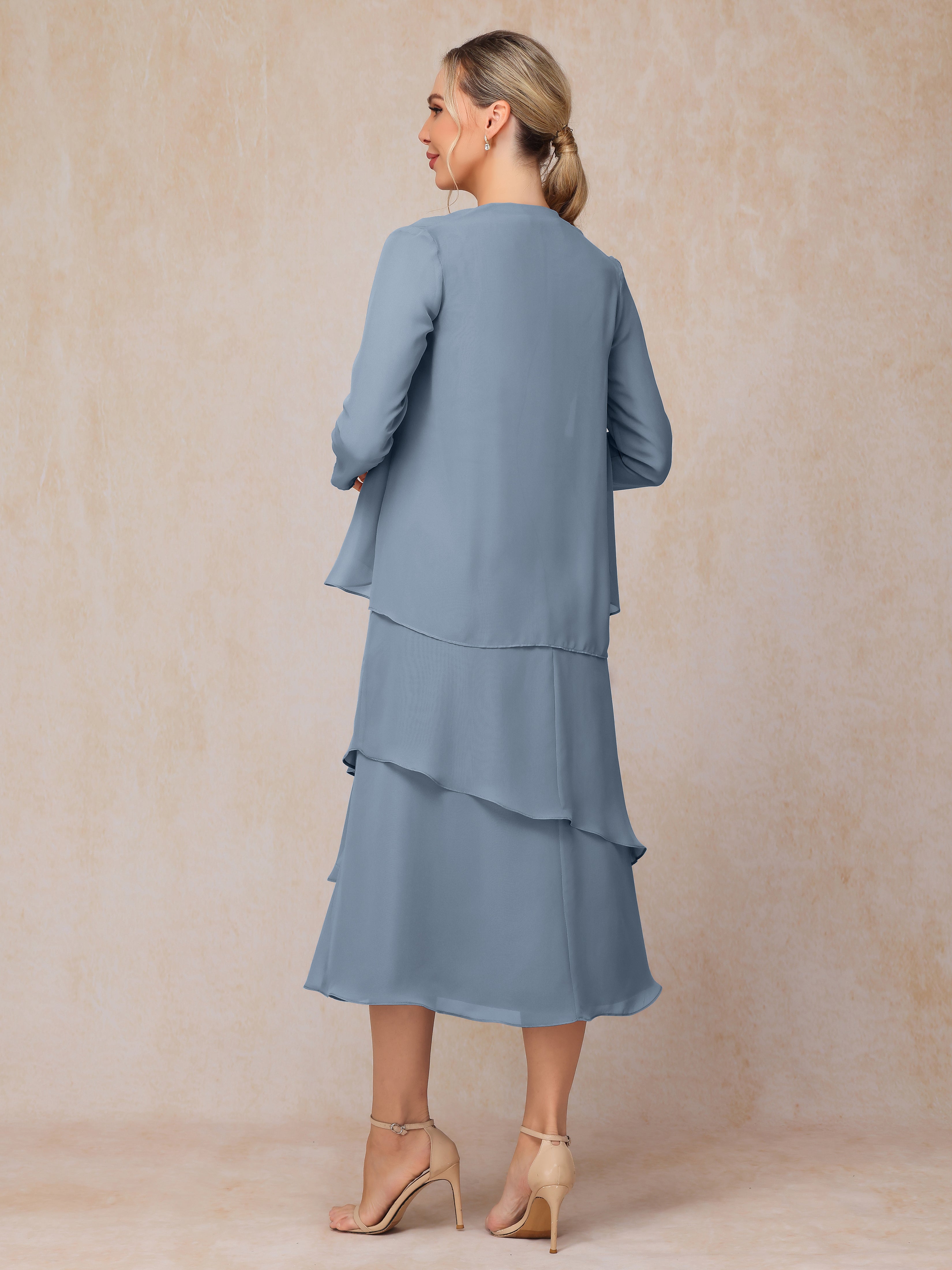 2 Pieces Tea Length Long Sleeves Chiffon Mother Of The Bride Dress