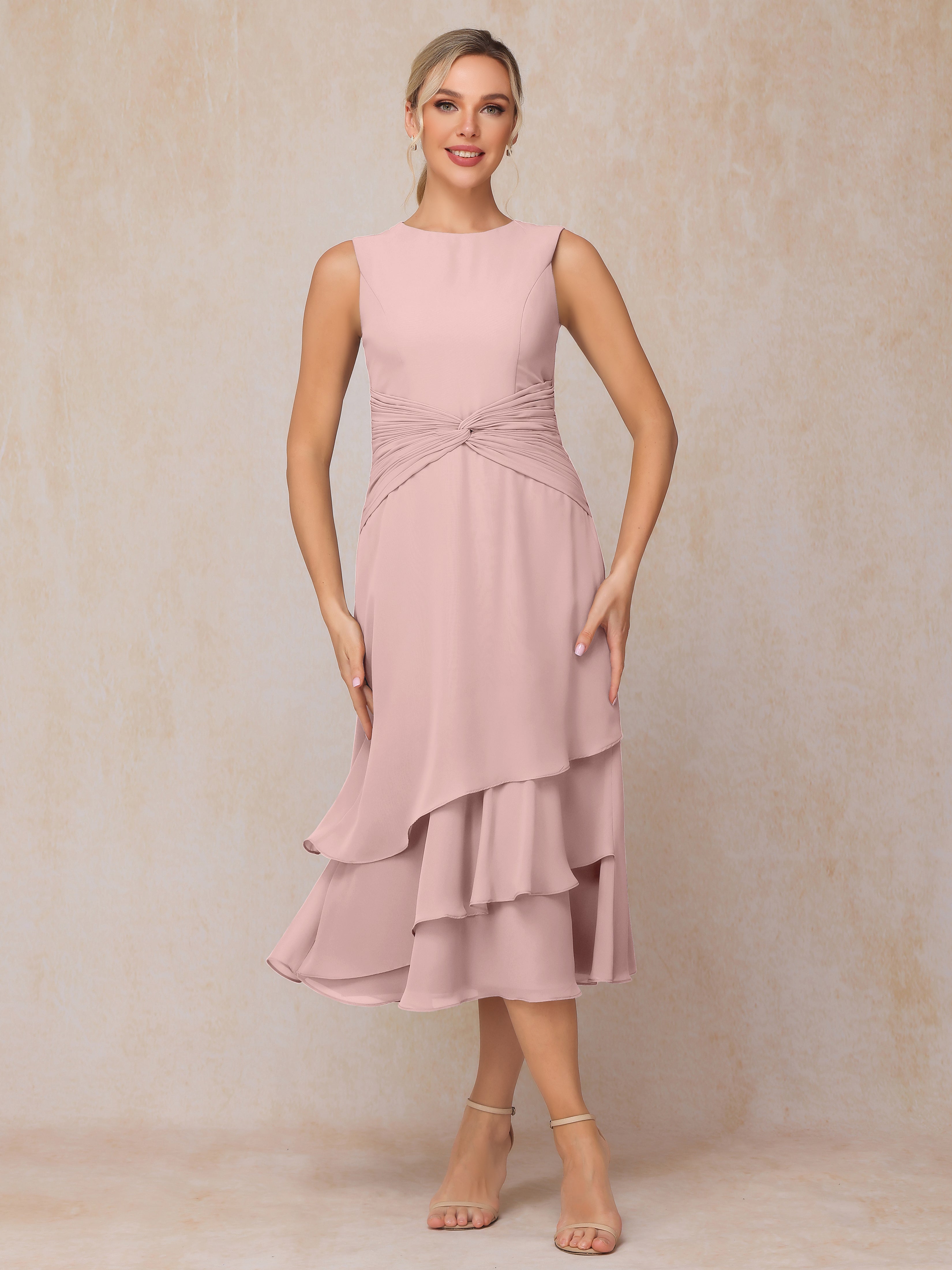 2 Pieces Tea Length Long Sleeves Chiffon Mother Of The Groom Dress