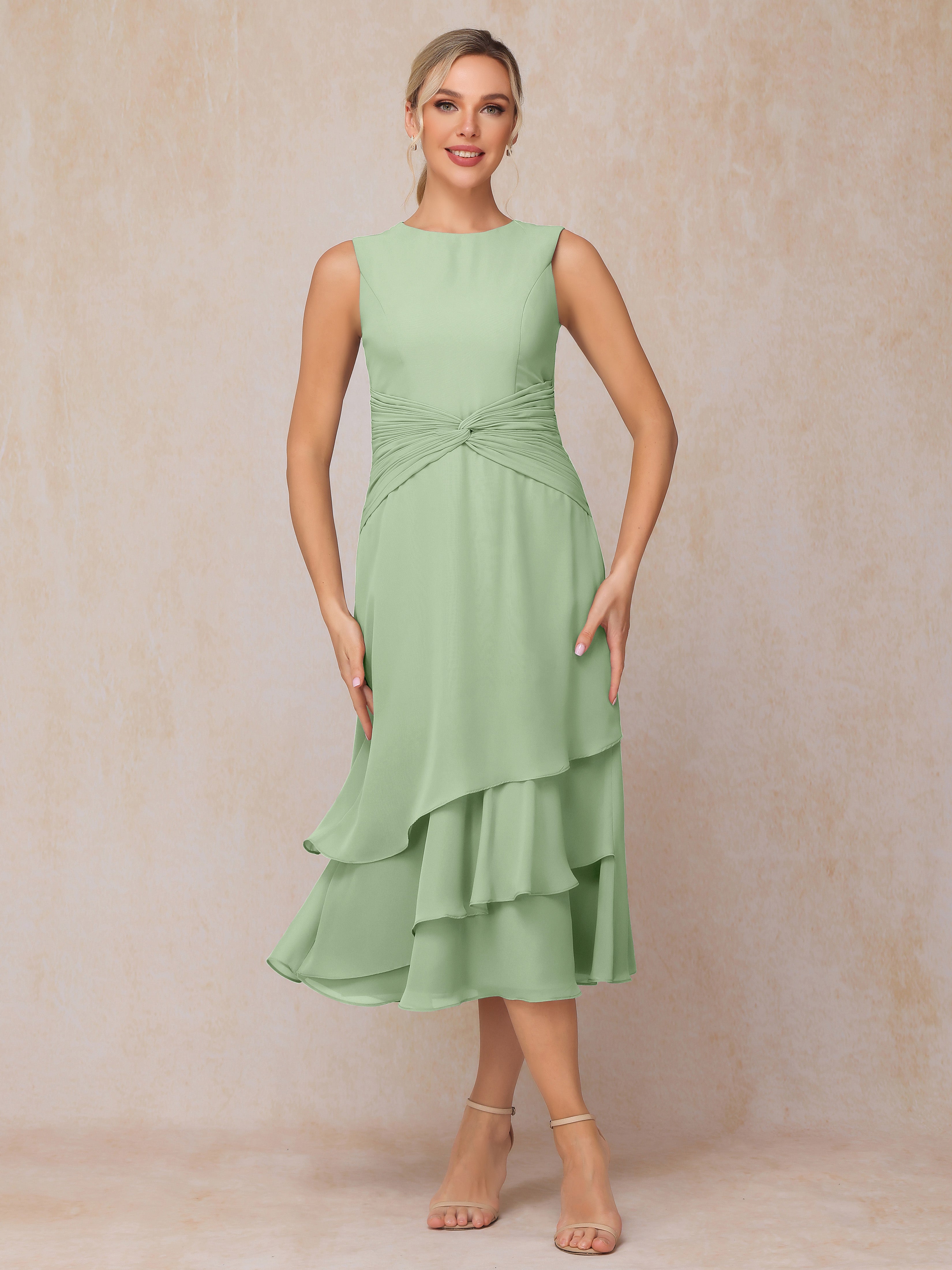 2 Pieces Tea Length Long Sleeves Chiffon Mother Of The Bride Dress