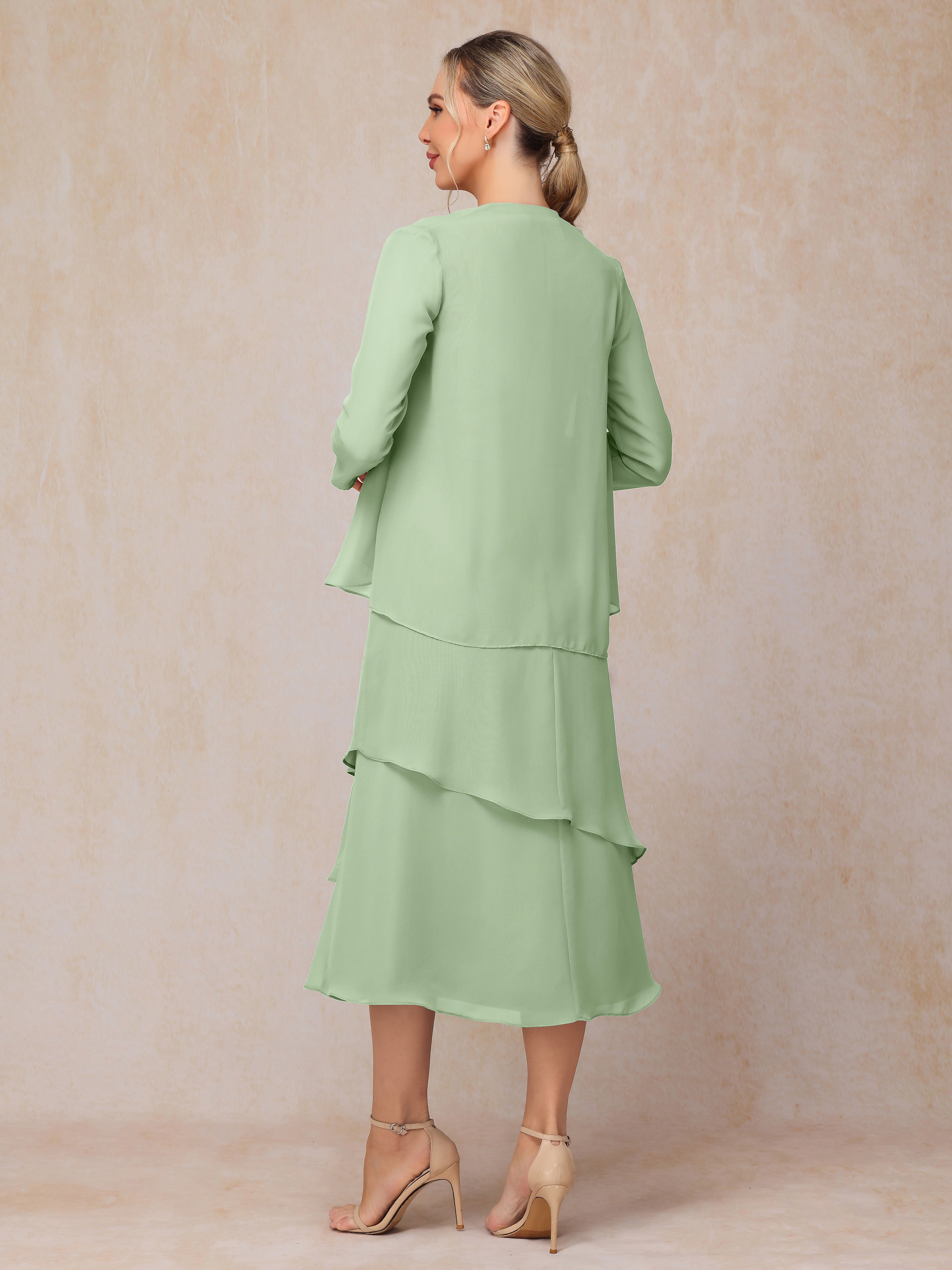 2 Pieces Tea Length Long Sleeves Chiffon Mother Of The Groom Dress
