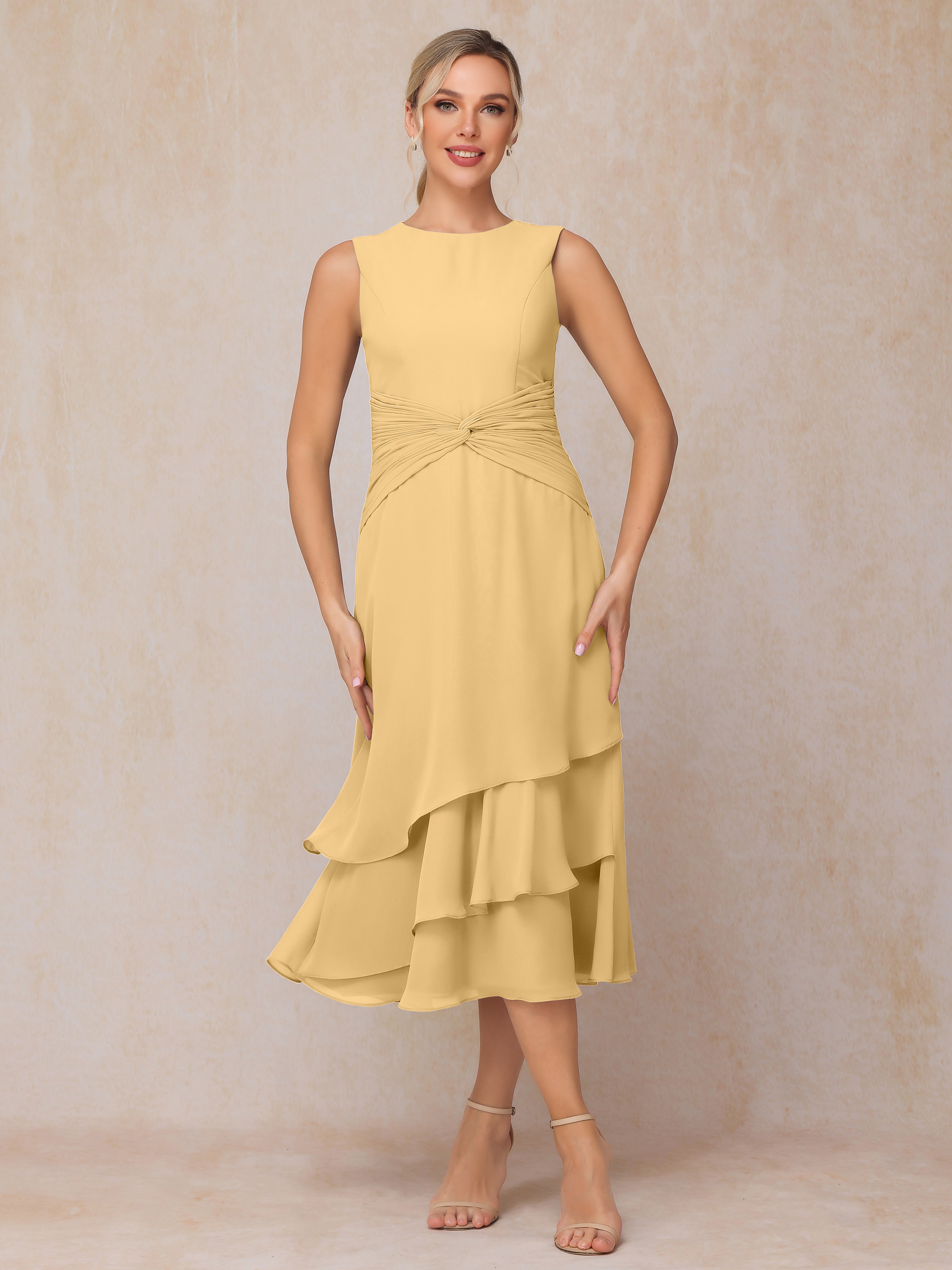 2 Pieces Tea Length Long Sleeves Chiffon Mother Of The Groom Dress