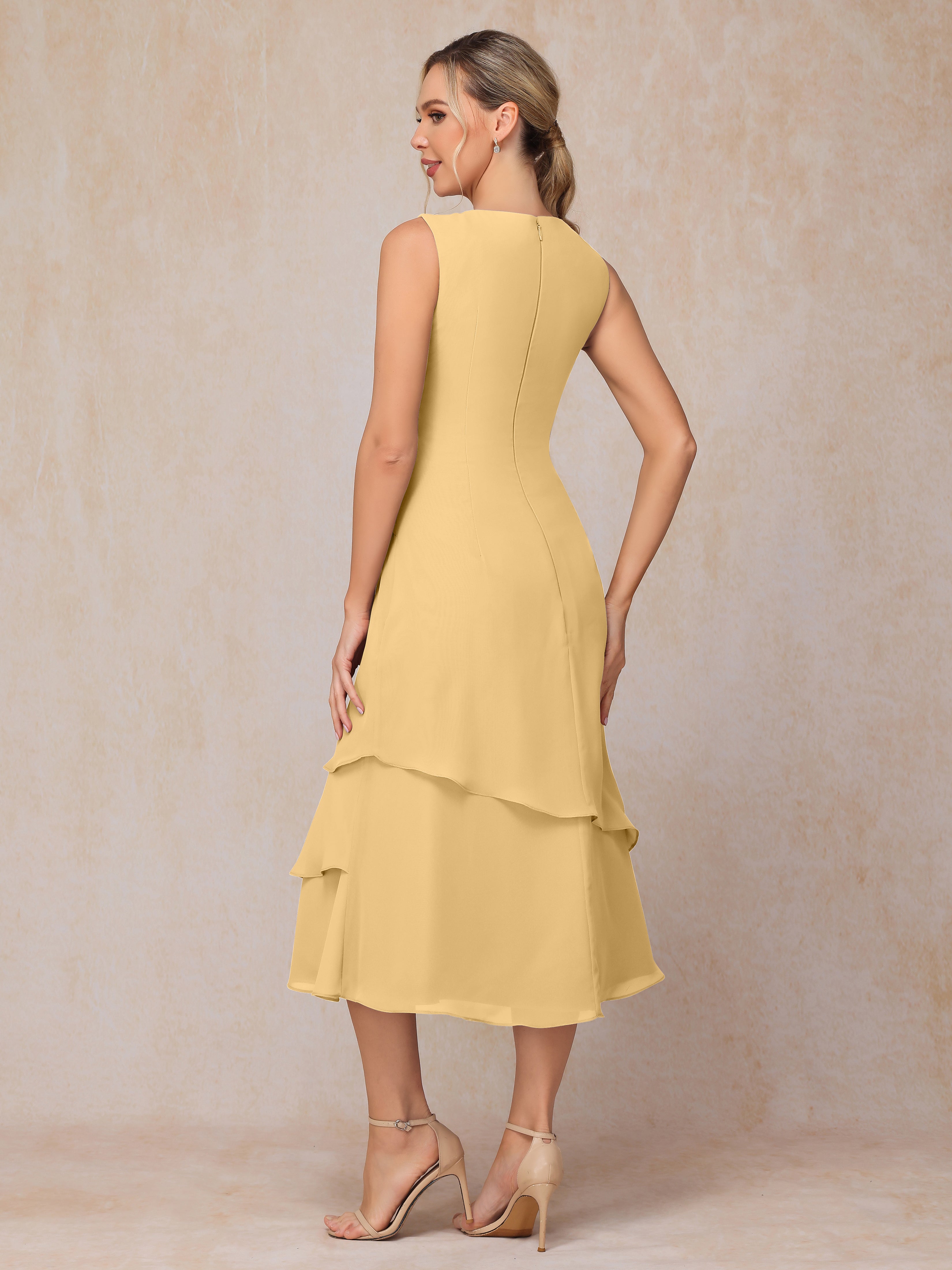 2 Pieces Tea Length Long Sleeves Chiffon Mother Of The Bride Dress