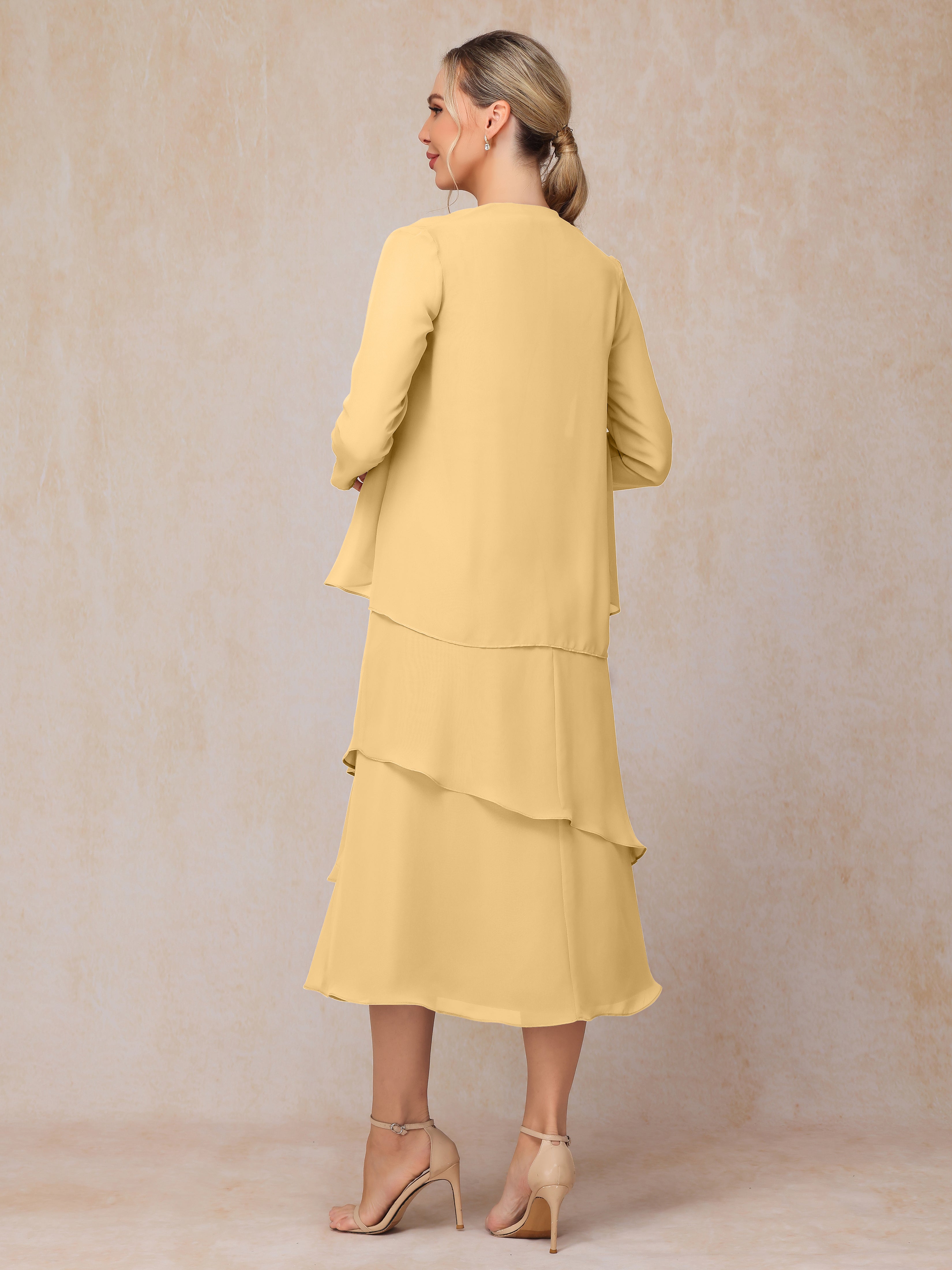 2 Pieces Tea Length Long Sleeves Chiffon Mother Of The Bride Dress