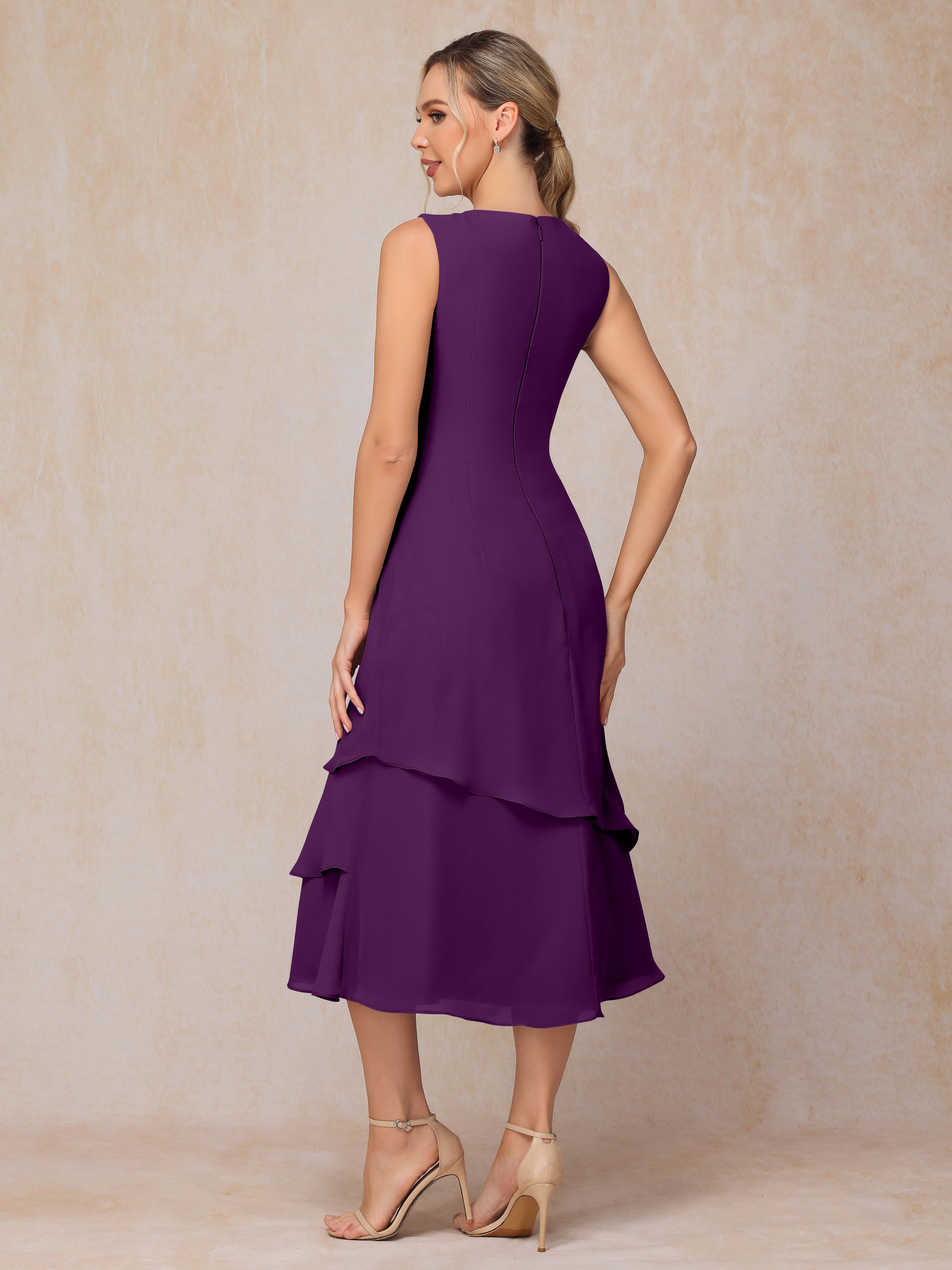 2 Pieces Tea Length Long Sleeves Chiffon Mother Of The Groom Dress