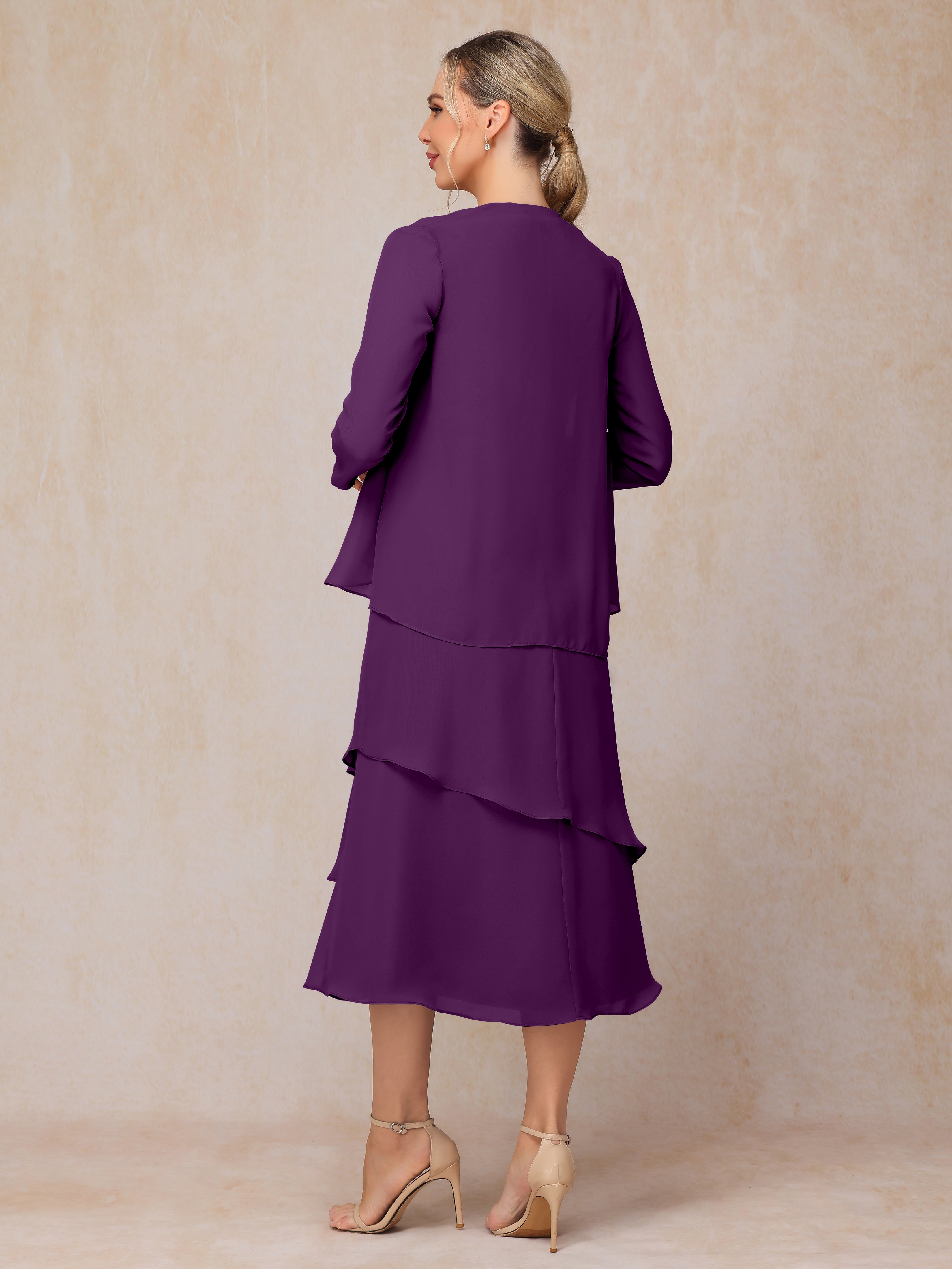 2 Pieces Tea Length Long Sleeves Chiffon Mother Of The Bride Dress