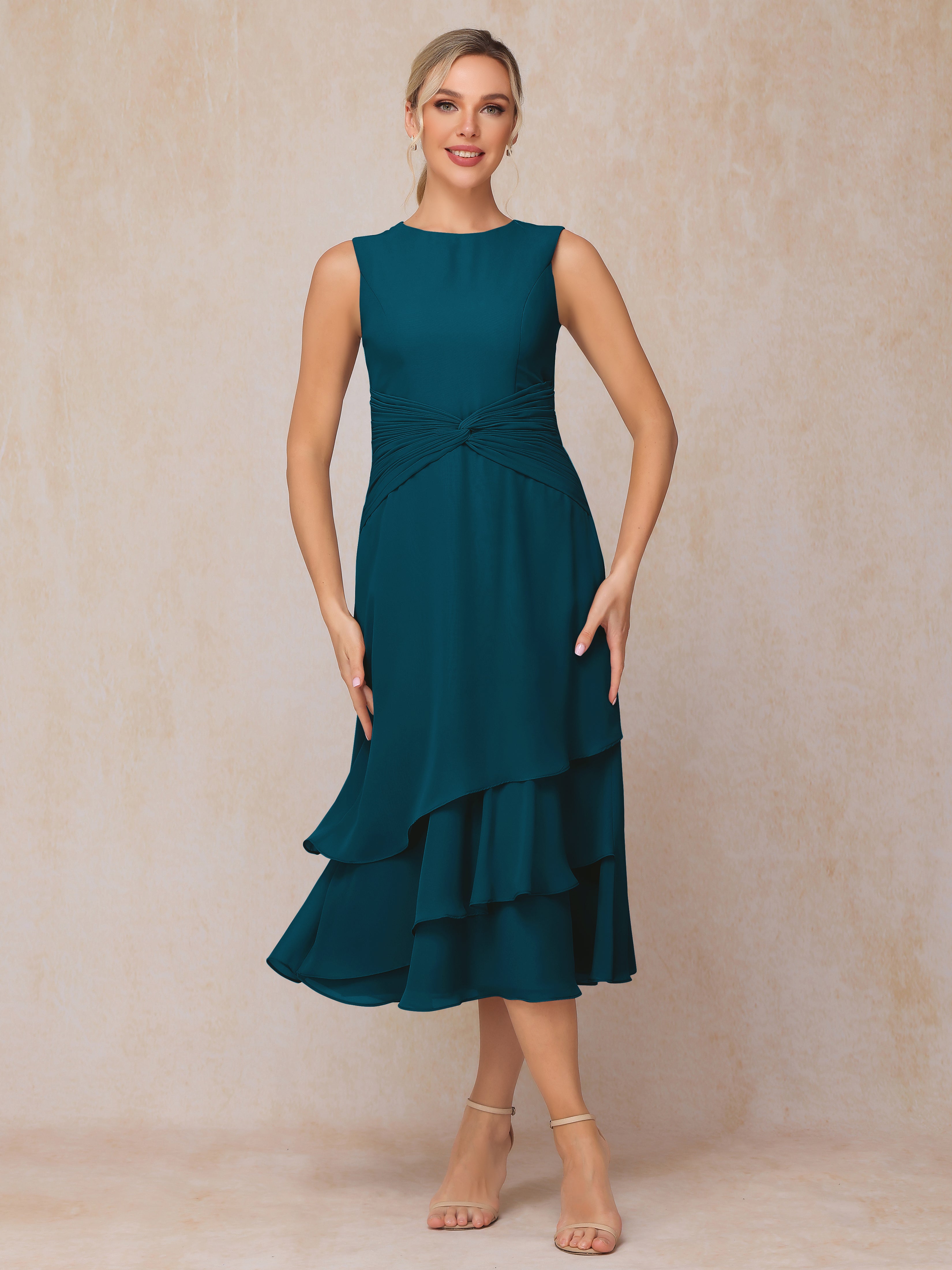 2 Pieces Tea Length Long Sleeves Chiffon Mother Of The Bride Dress
