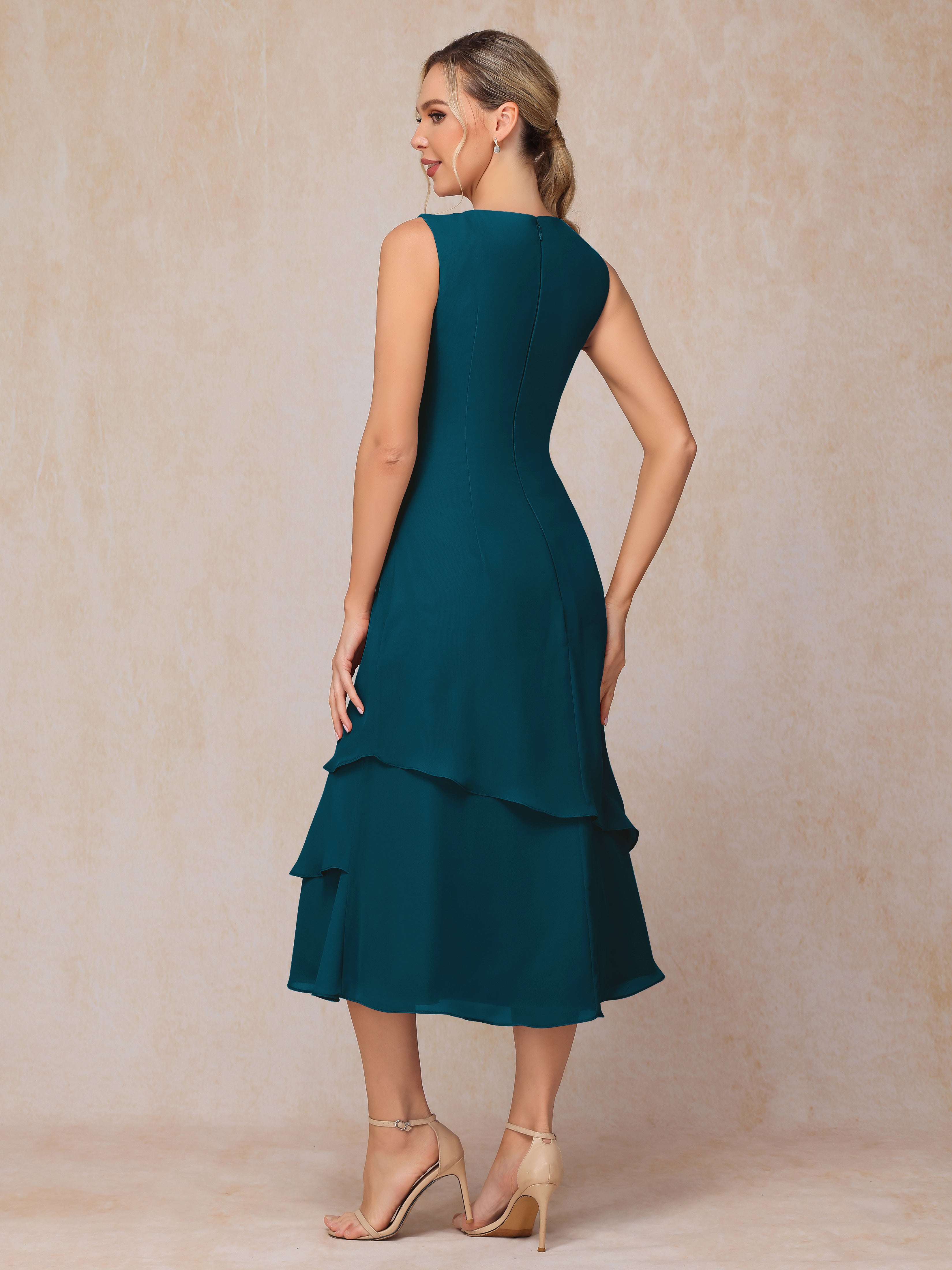 2 Pieces Tea Length Long Sleeves Chiffon Mother Of The Groom Dress