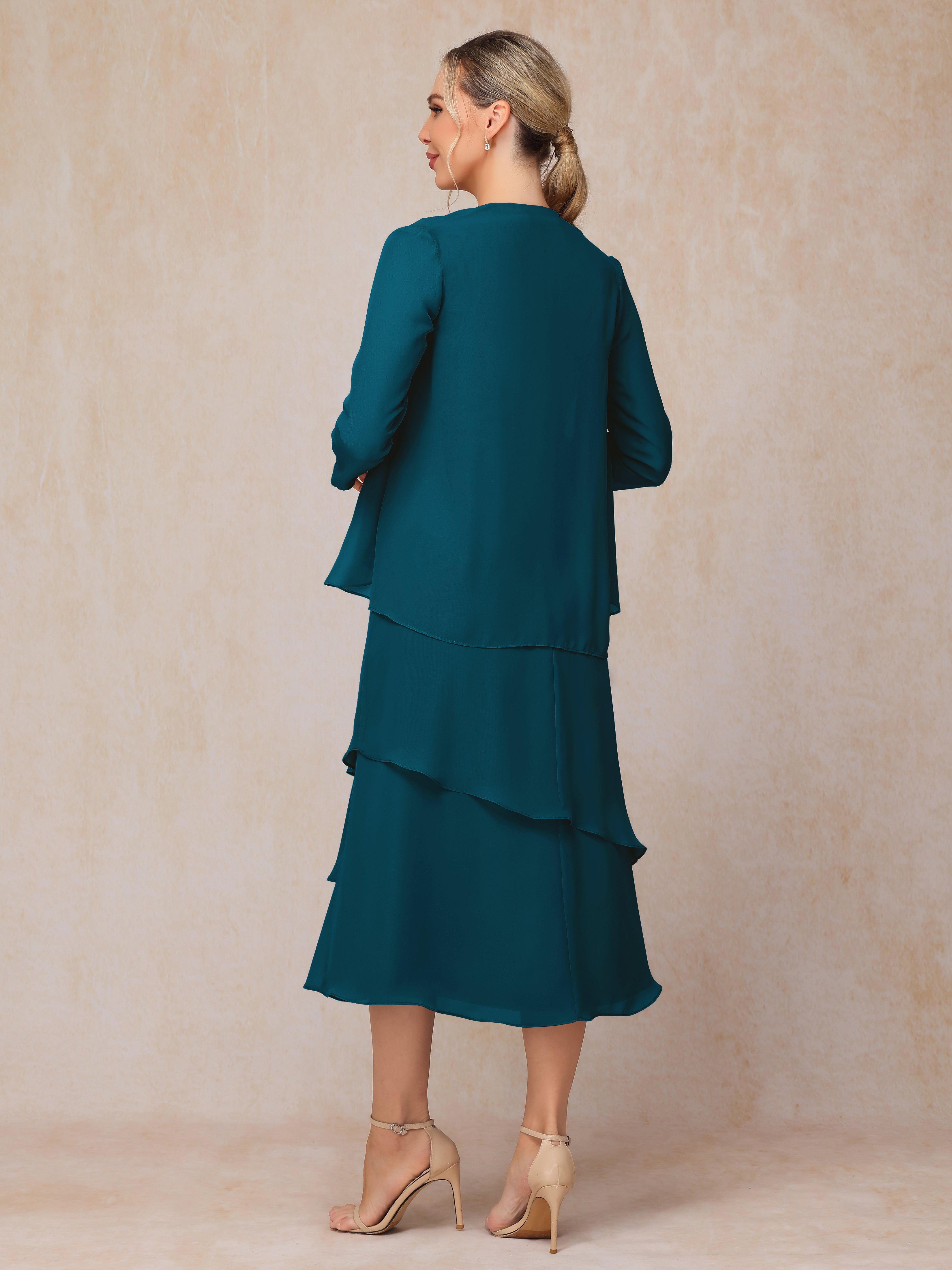 2 Pieces Tea Length Long Sleeves Chiffon Mother Of The Groom Dress