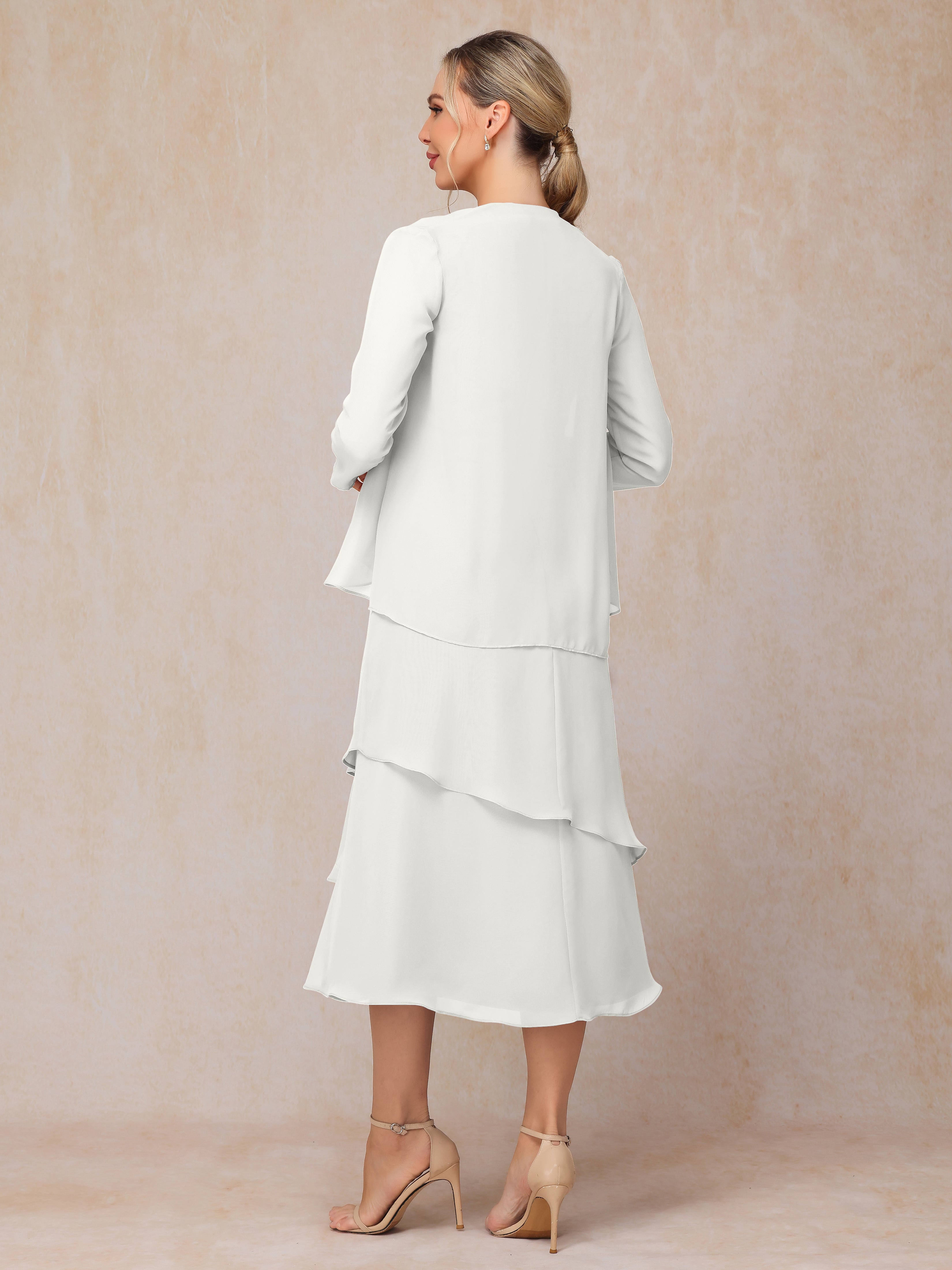 2 Pieces Tea Length Long Sleeves Chiffon Mother Of The Groom Dress