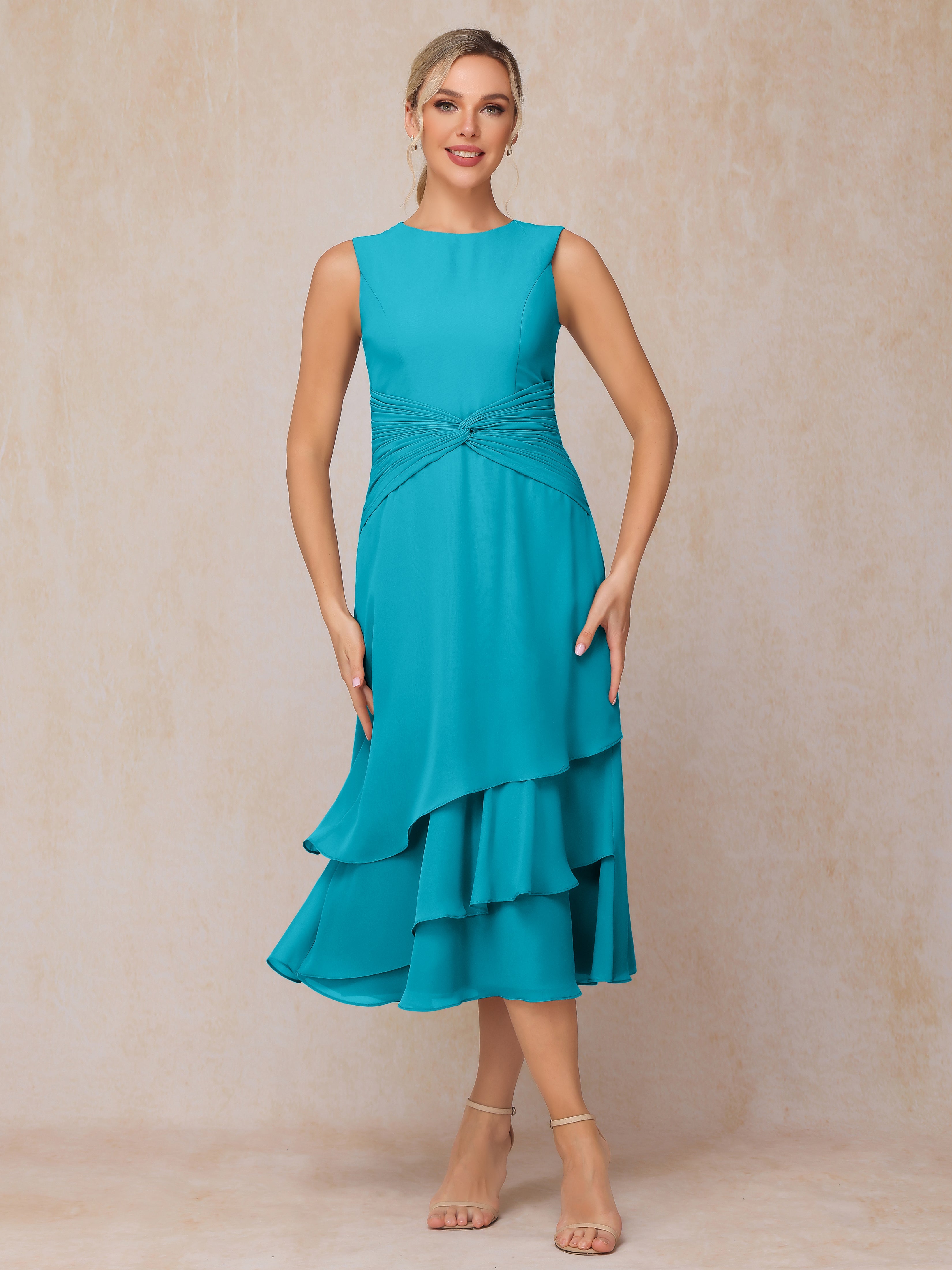 2 Pieces Tea Length Long Sleeves Chiffon Mother Of The Groom Dress