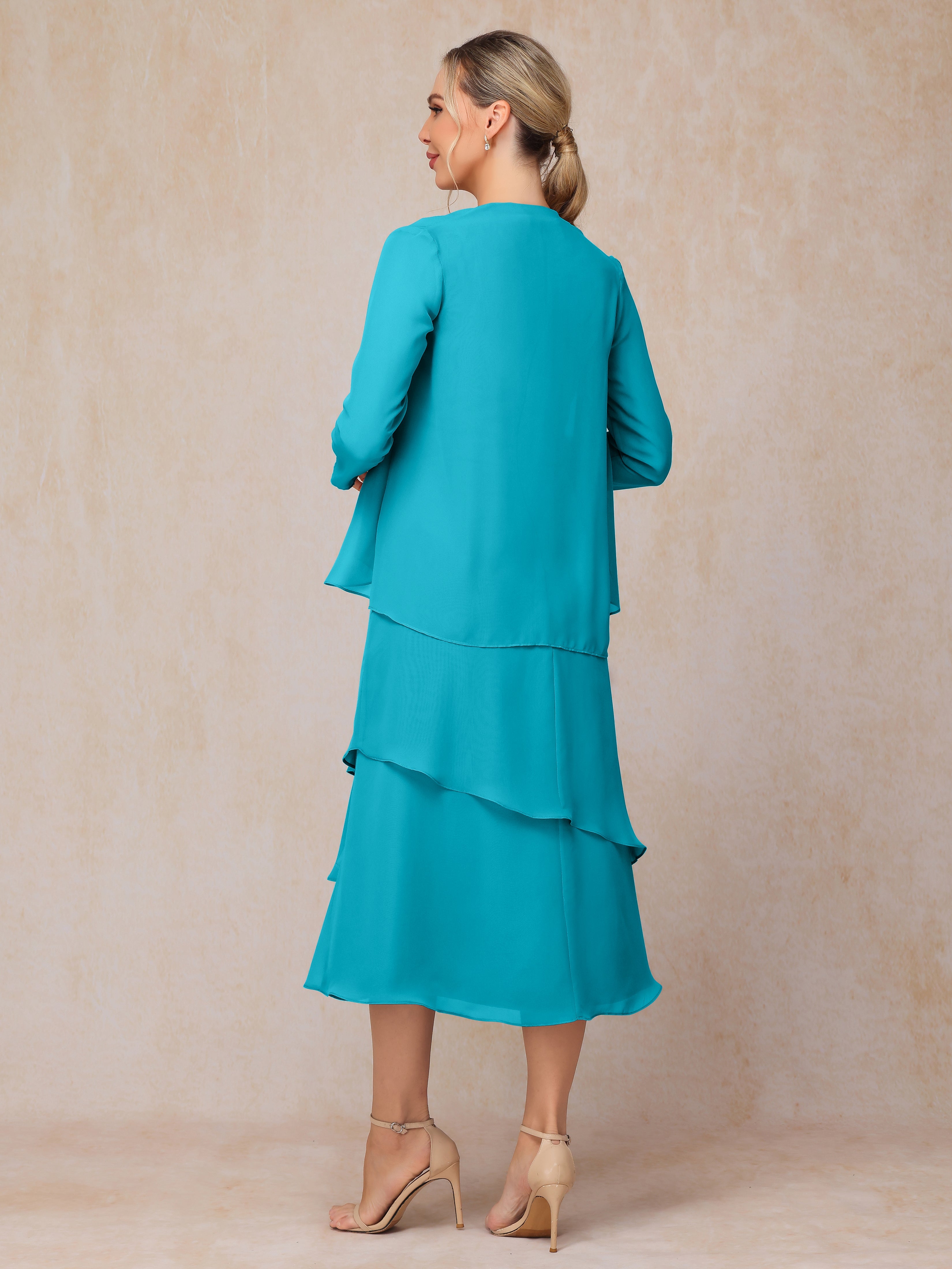 2 Pieces Tea Length Long Sleeves Chiffon Mother Of The Groom Dress