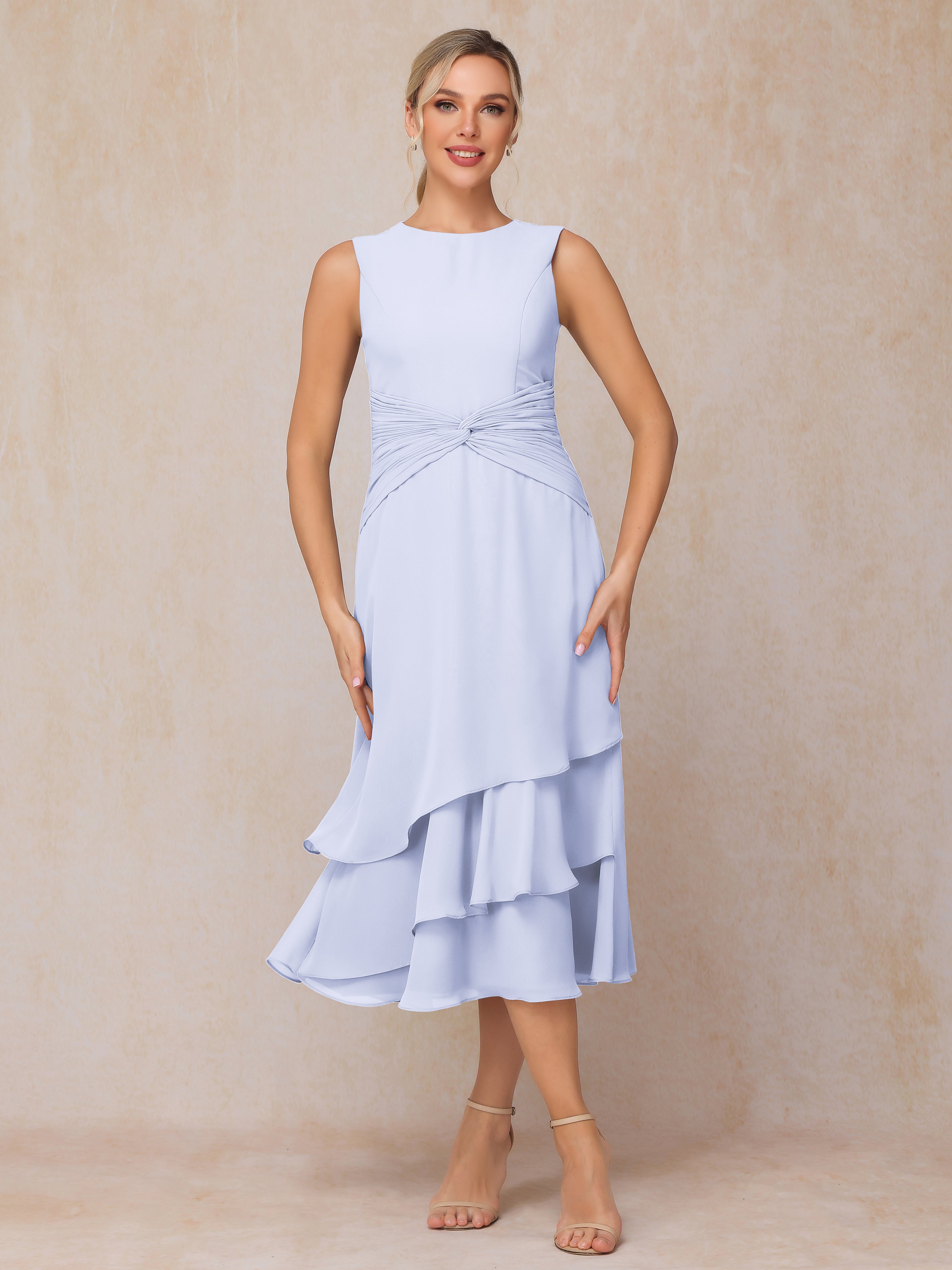 2 Pieces Tea Length Long Sleeves Chiffon Mother Of The Bride Dress