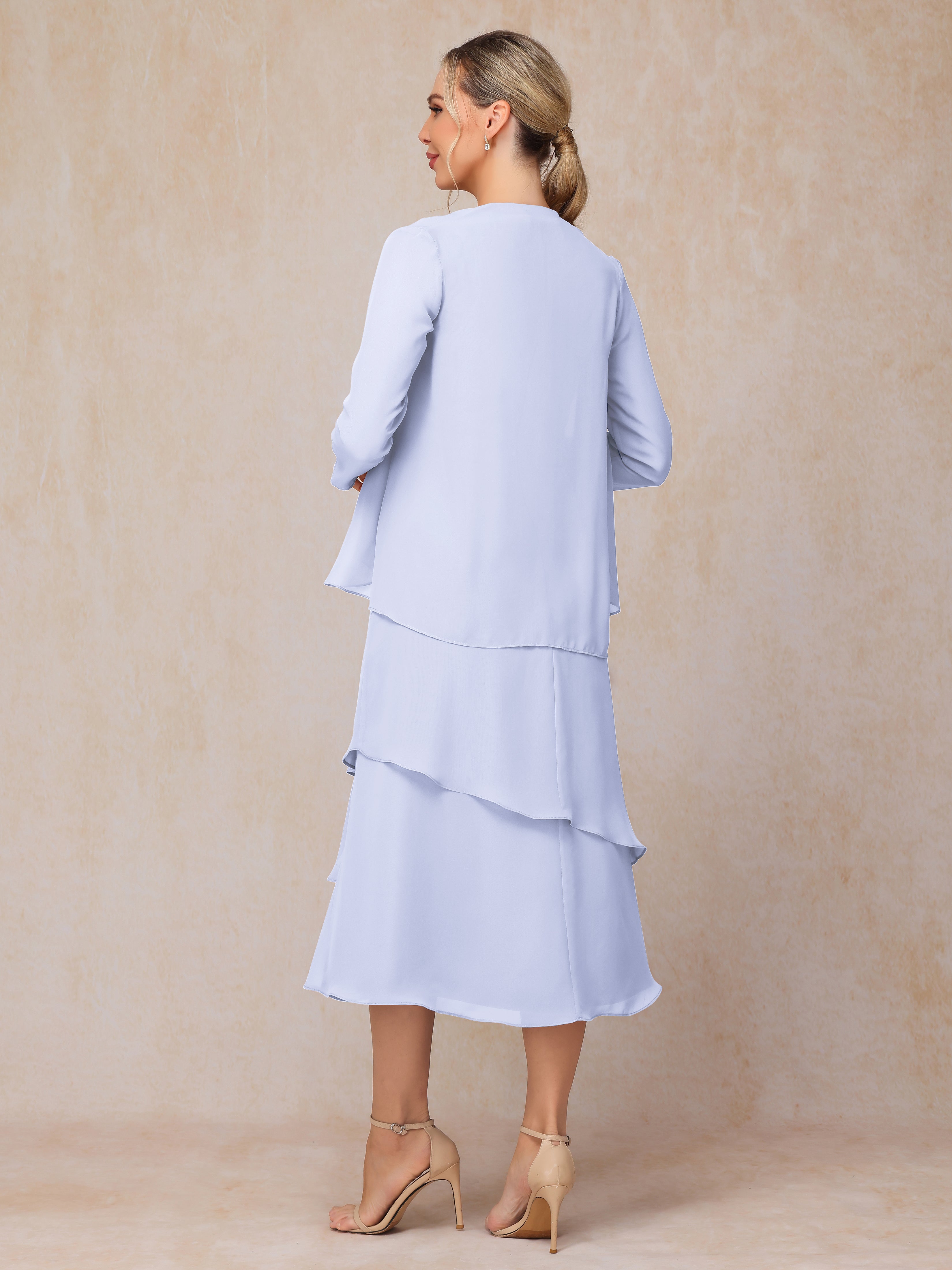 2 Pieces Tea Length Long Sleeves Chiffon Mother Of The Groom Dress