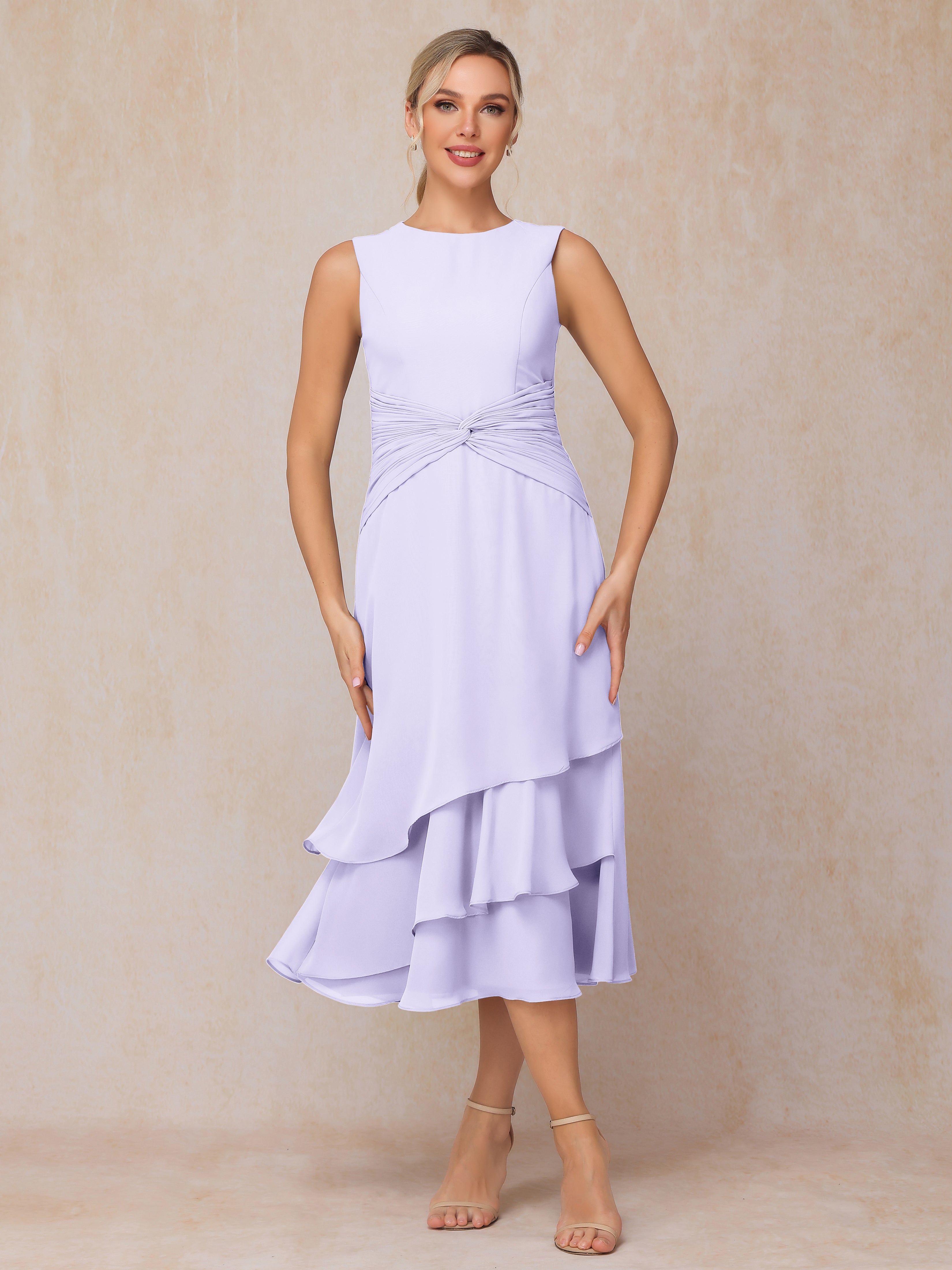 2 Pieces Tea Length Long Sleeves Chiffon Mother Of The Groom Dress