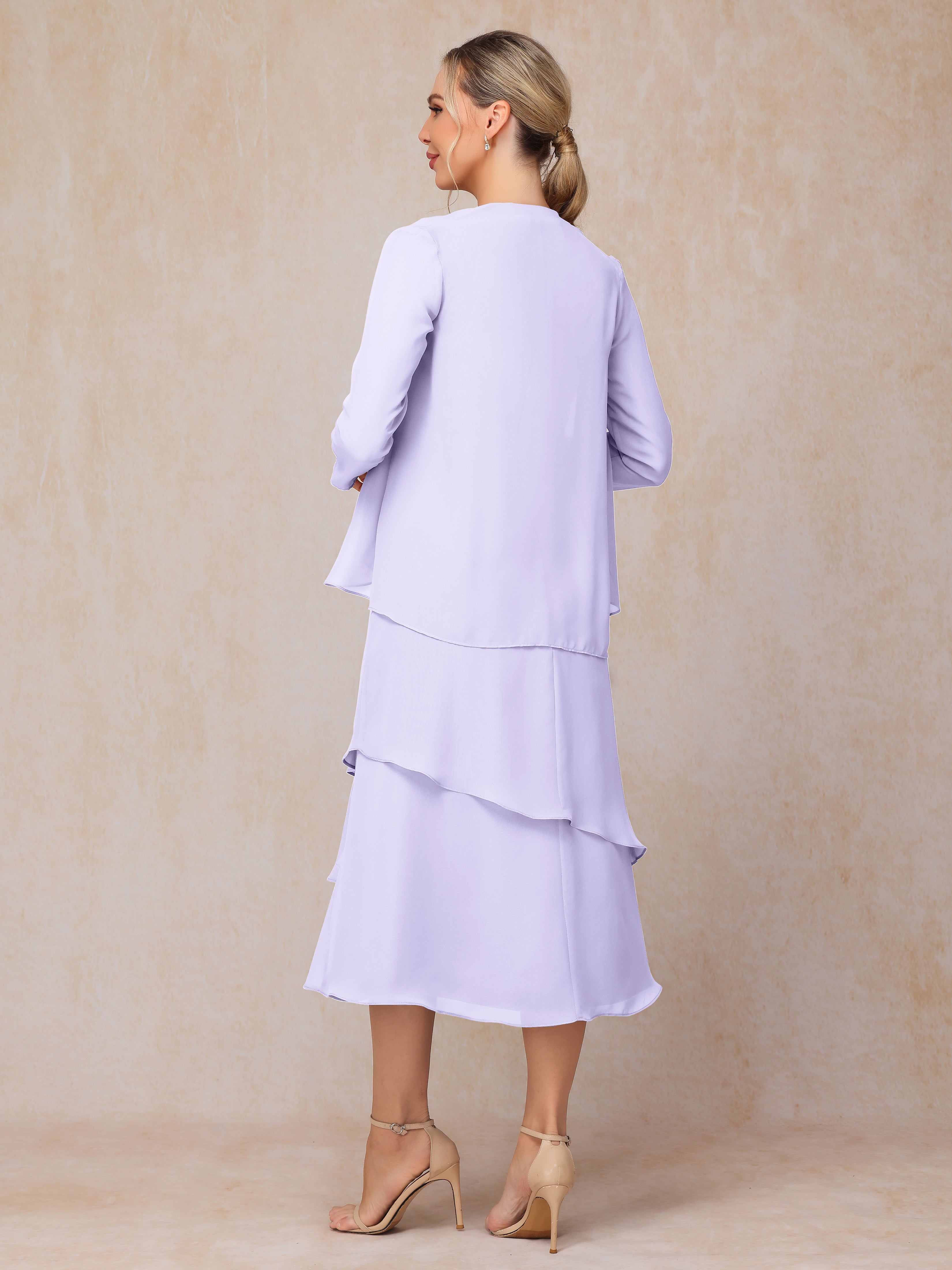 2 Pieces Tea Length Long Sleeves Chiffon Mother Of The Groom Dress