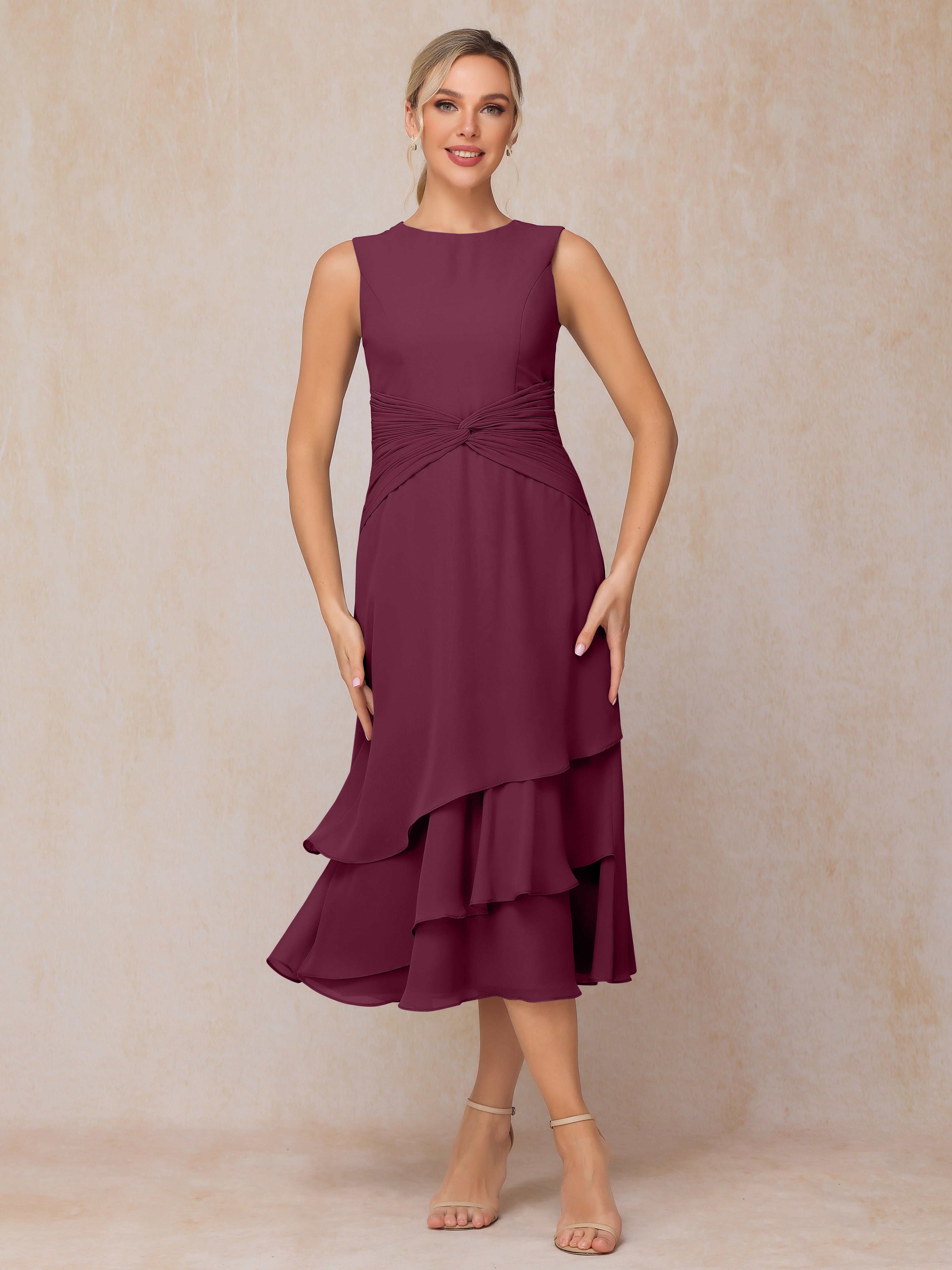 2 Pieces Tea Length Long Sleeves Chiffon Mother Of The Groom Dress