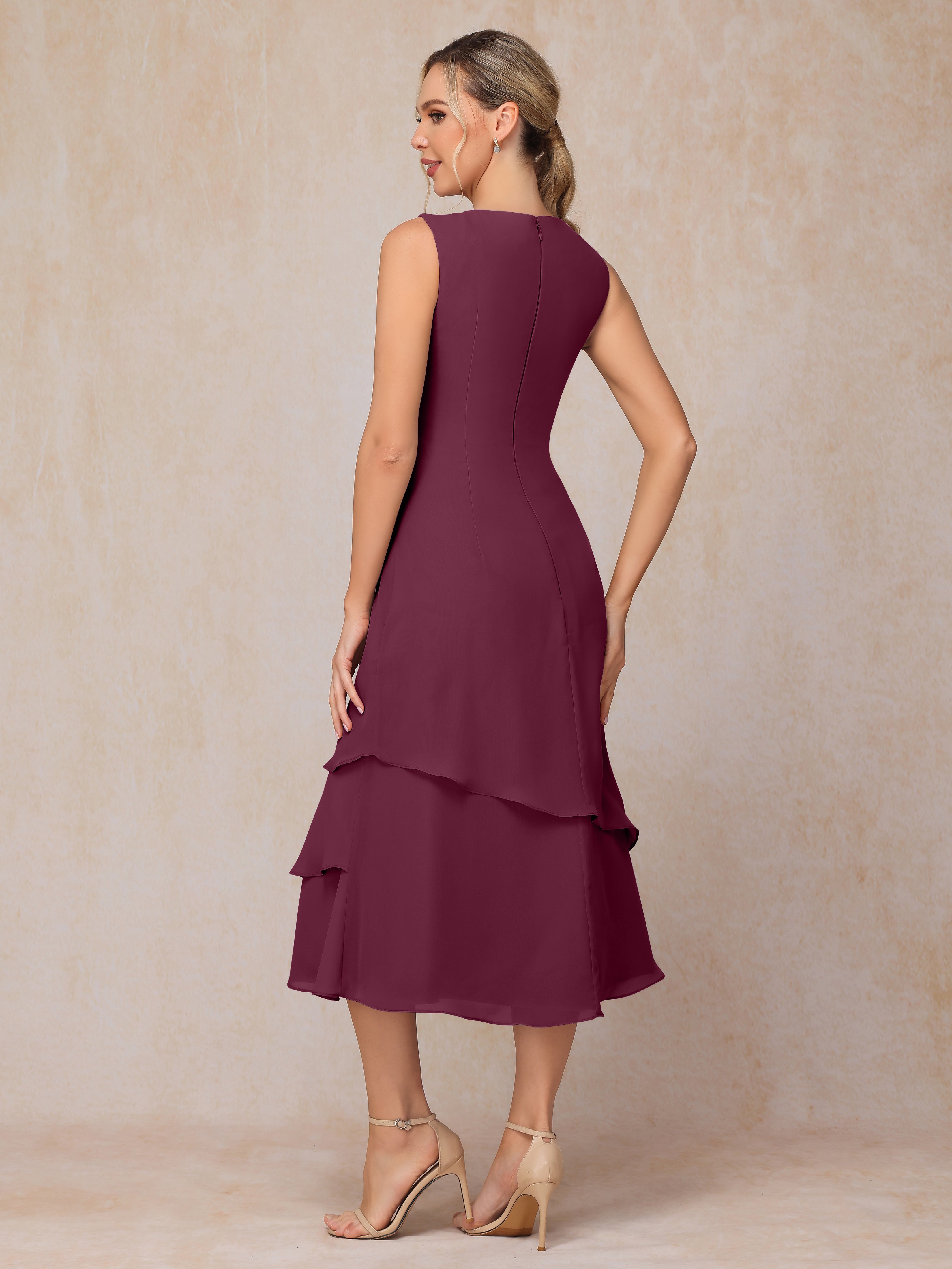 2 Pieces Tea Length Long Sleeves Chiffon Mother Of The Groom Dress