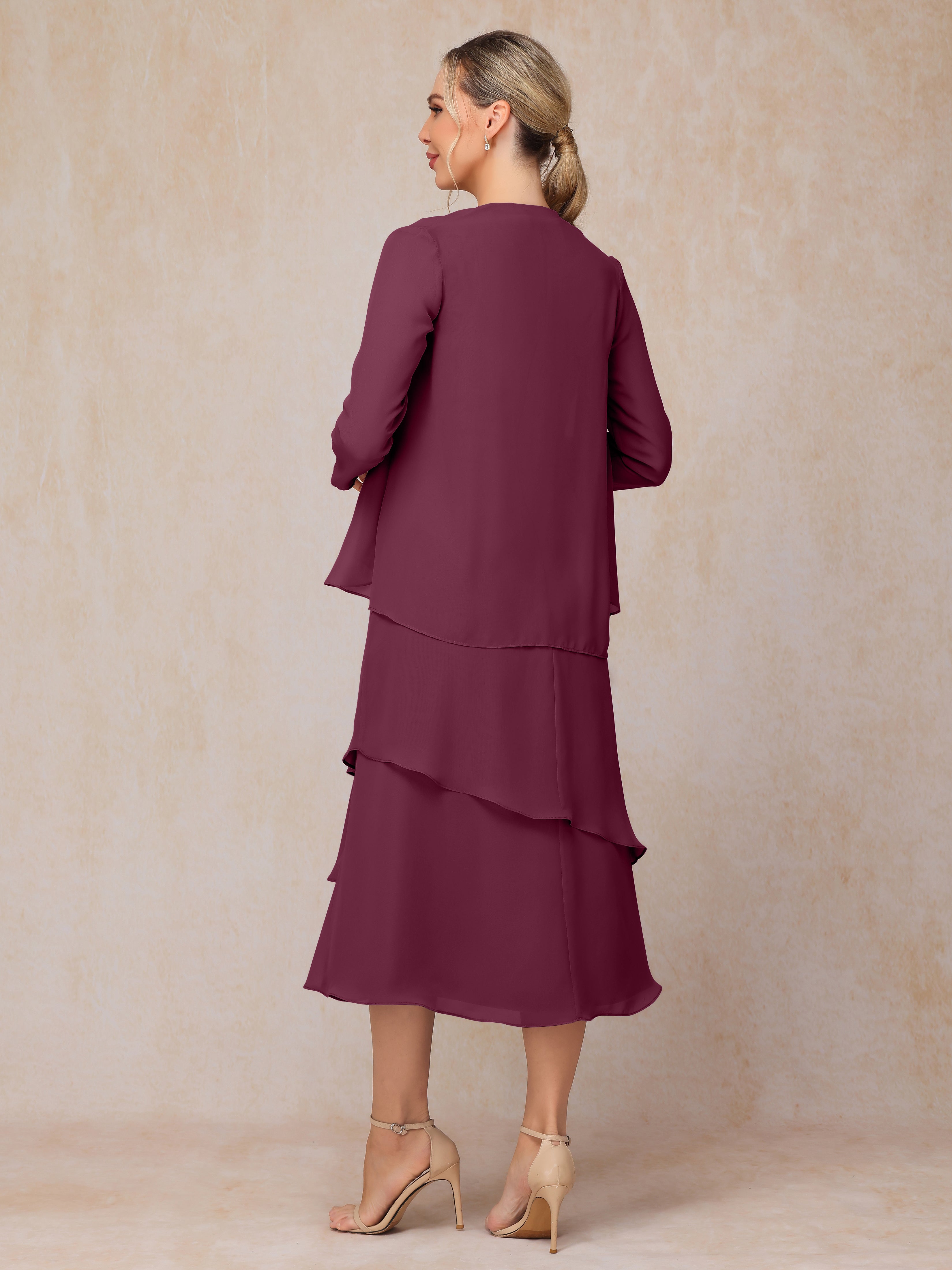 2 Pieces Tea Length Long Sleeves Chiffon Mother Of The Bride Dress