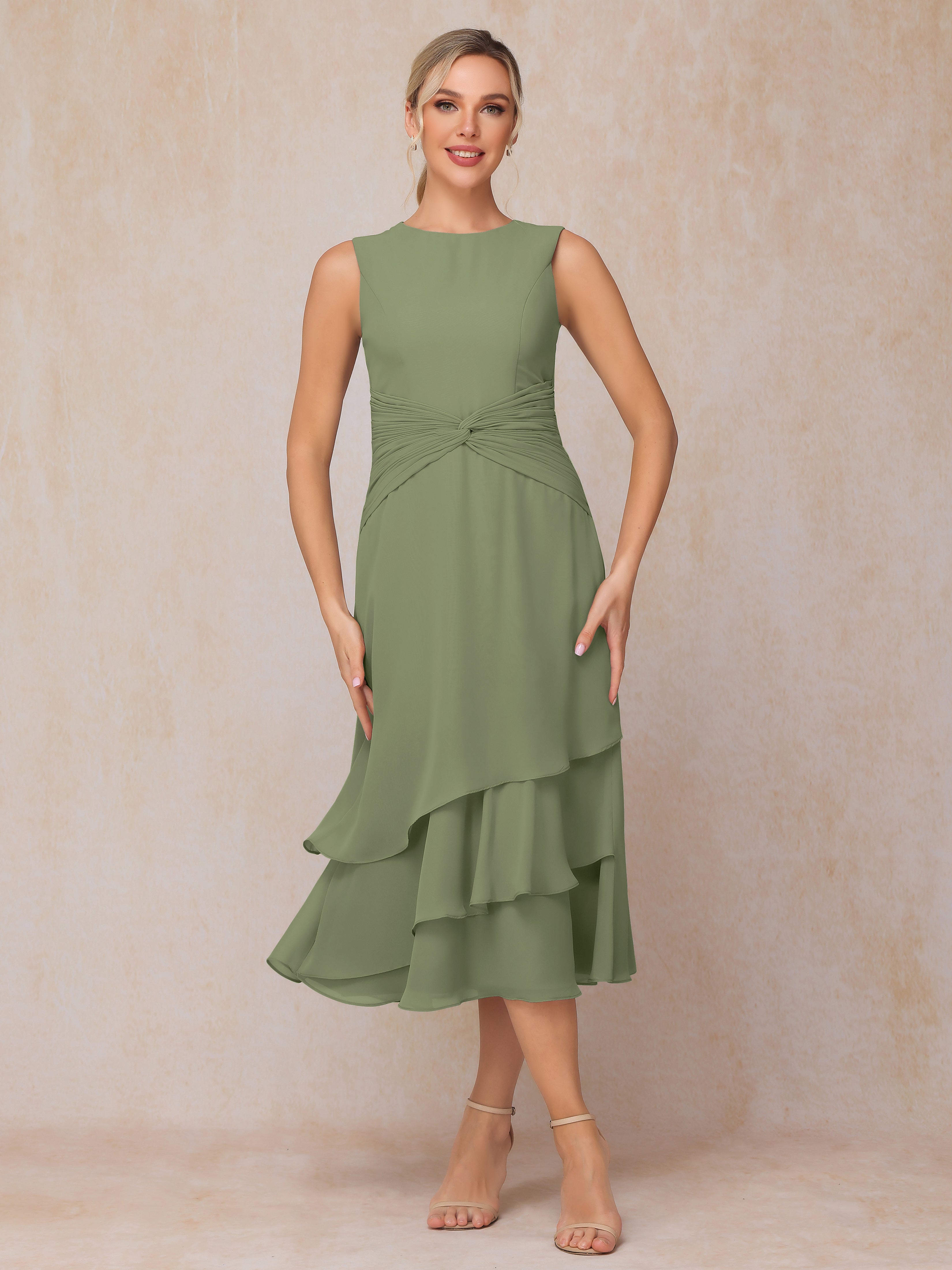 2 Pieces Tea Length Long Sleeves Chiffon Mother Of The Bride Dress