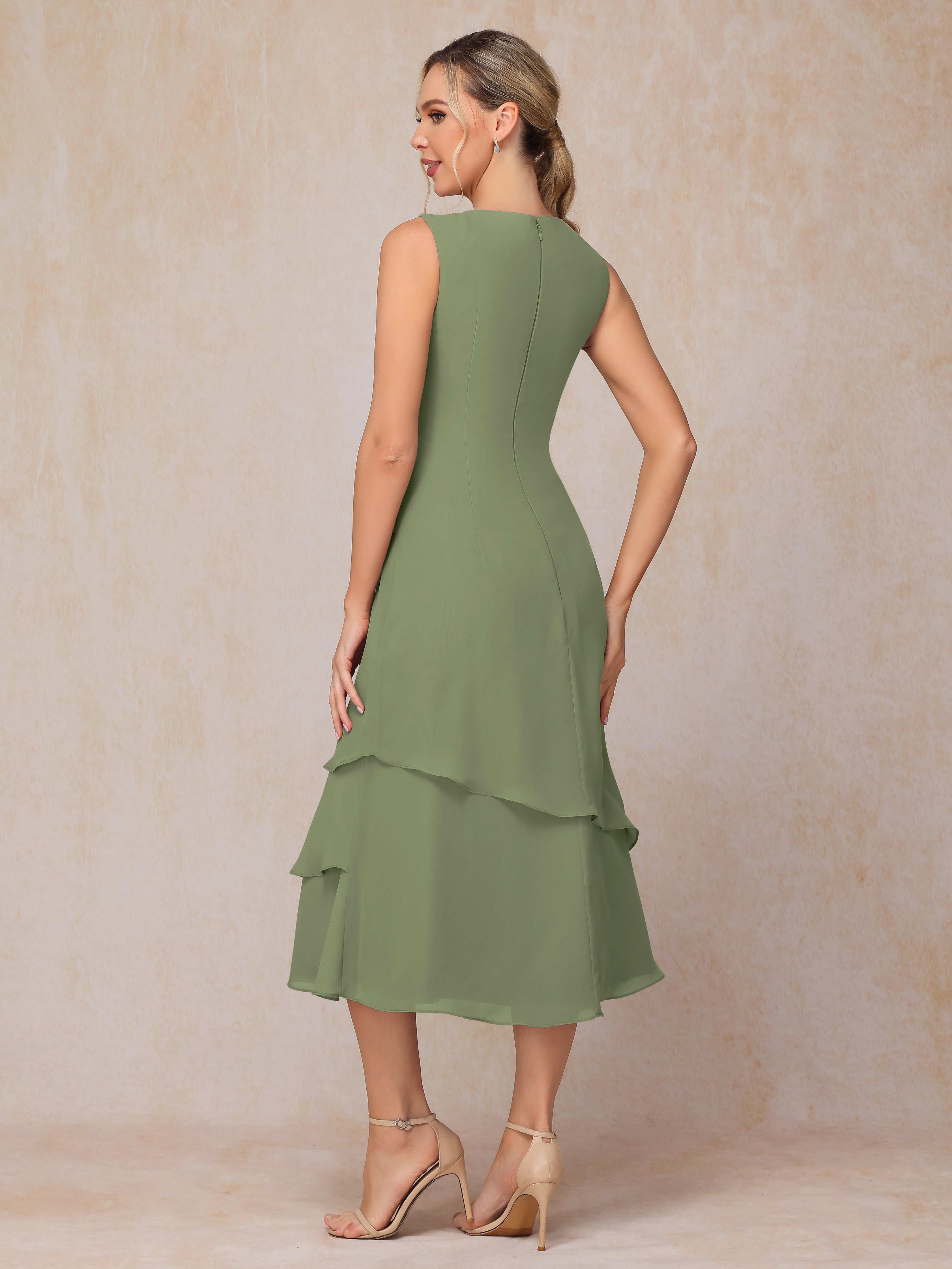 2 Pieces Tea Length Long Sleeves Chiffon Mother Of The Bride Dress