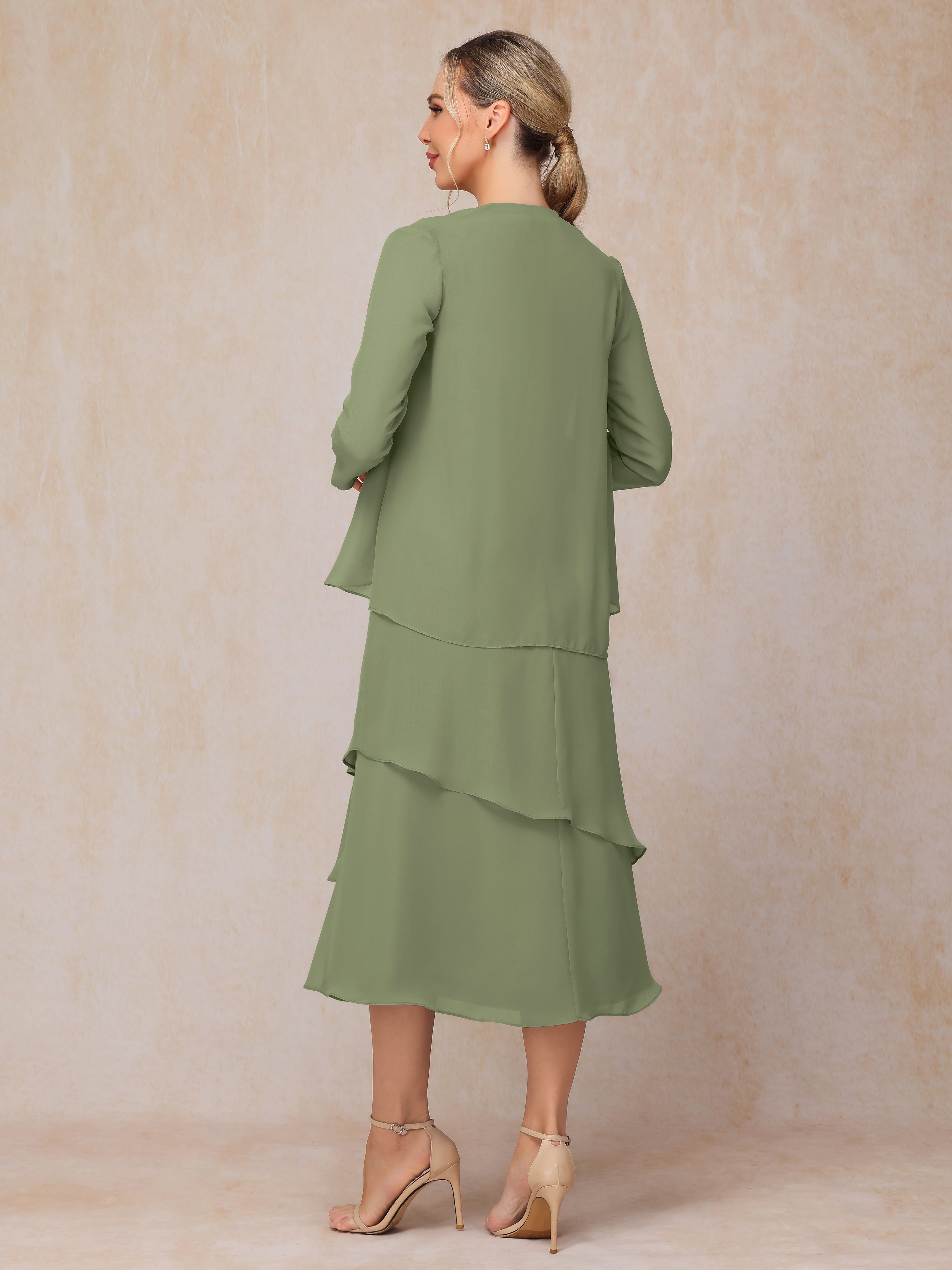 2 Pieces Tea Length Long Sleeves Chiffon Mother Of The Groom Dress