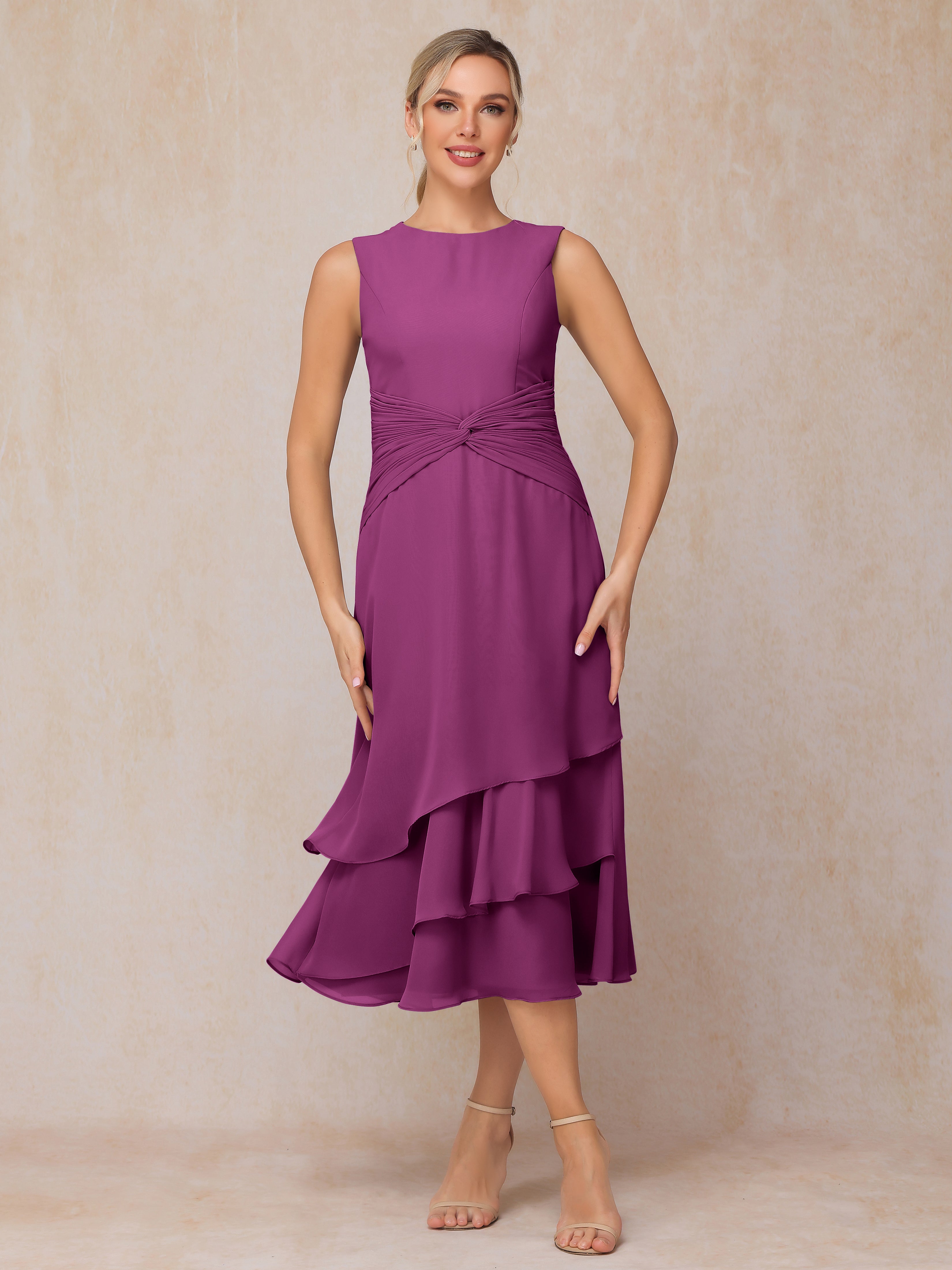 2 Pieces Tea Length Long Sleeves Chiffon Mother Of The Groom Dress